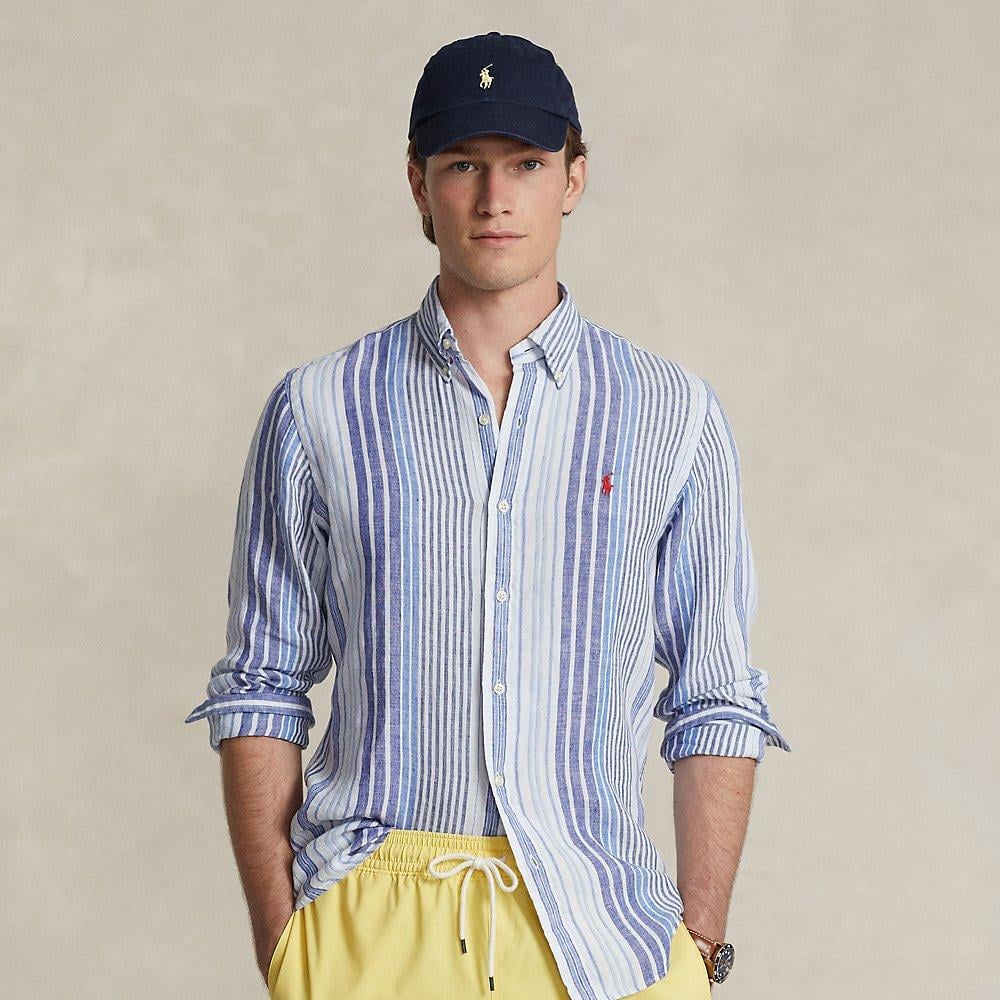 Polo Ralph Lauren Custom Fit Striped Linen Shirt In Blue For Men Lyst Uk