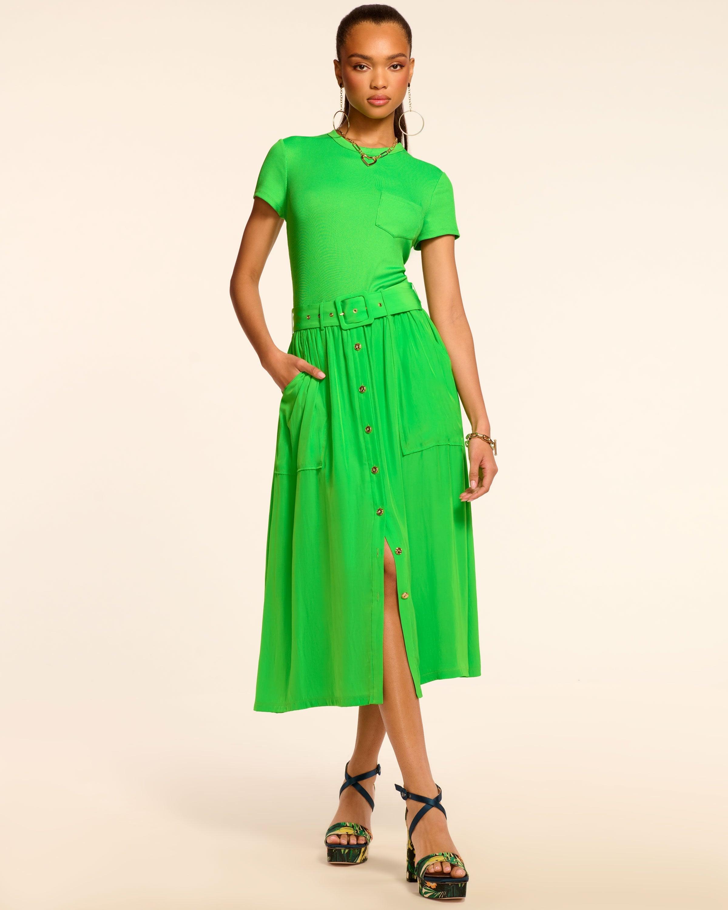Ramy Brook Sylvie Combo Ribbed Midi Dress in Green | Lyst