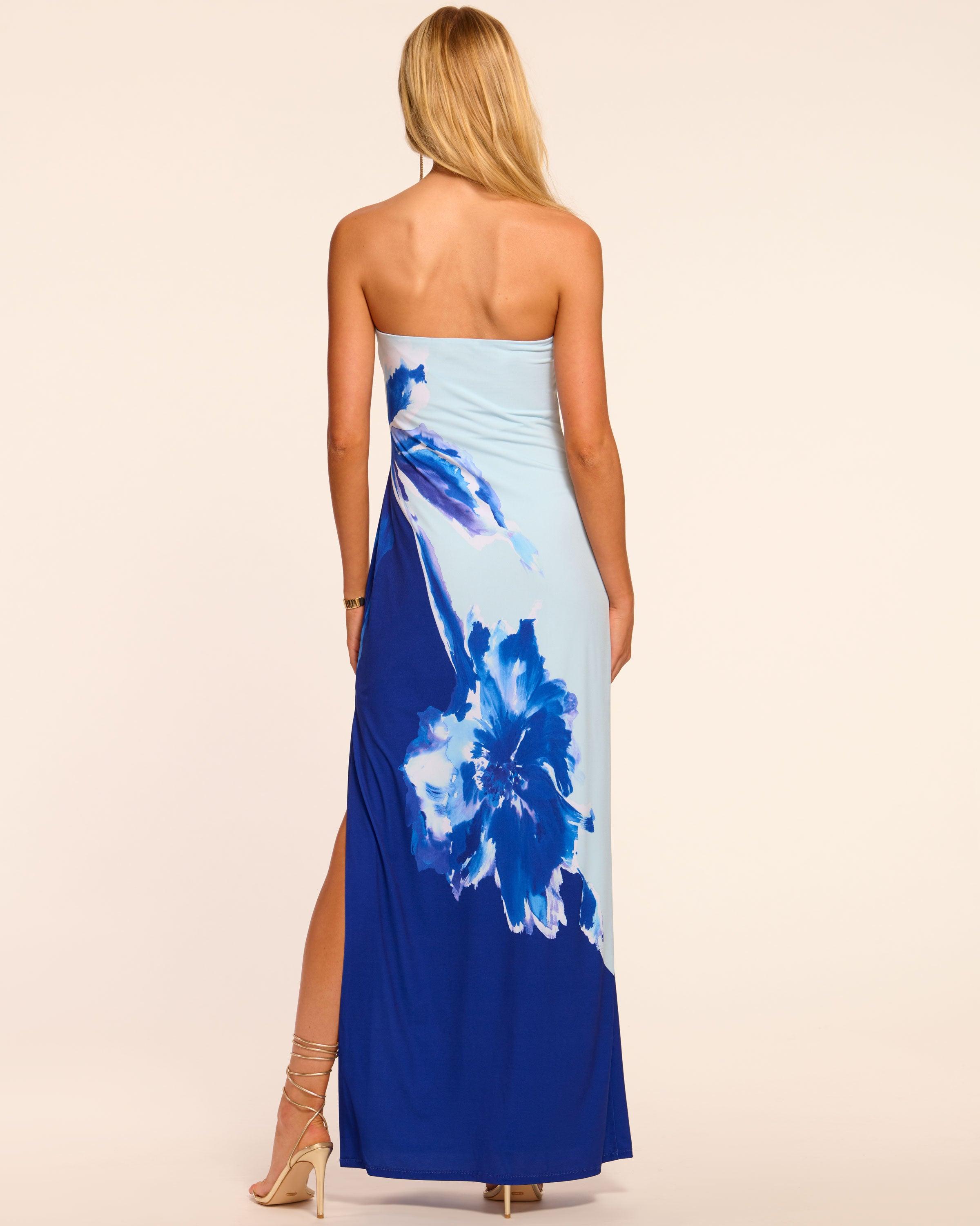 blue bridesmaid dresses plus size Strapless Long Floral-Print Prom Dress with Ruffles– PromGirl