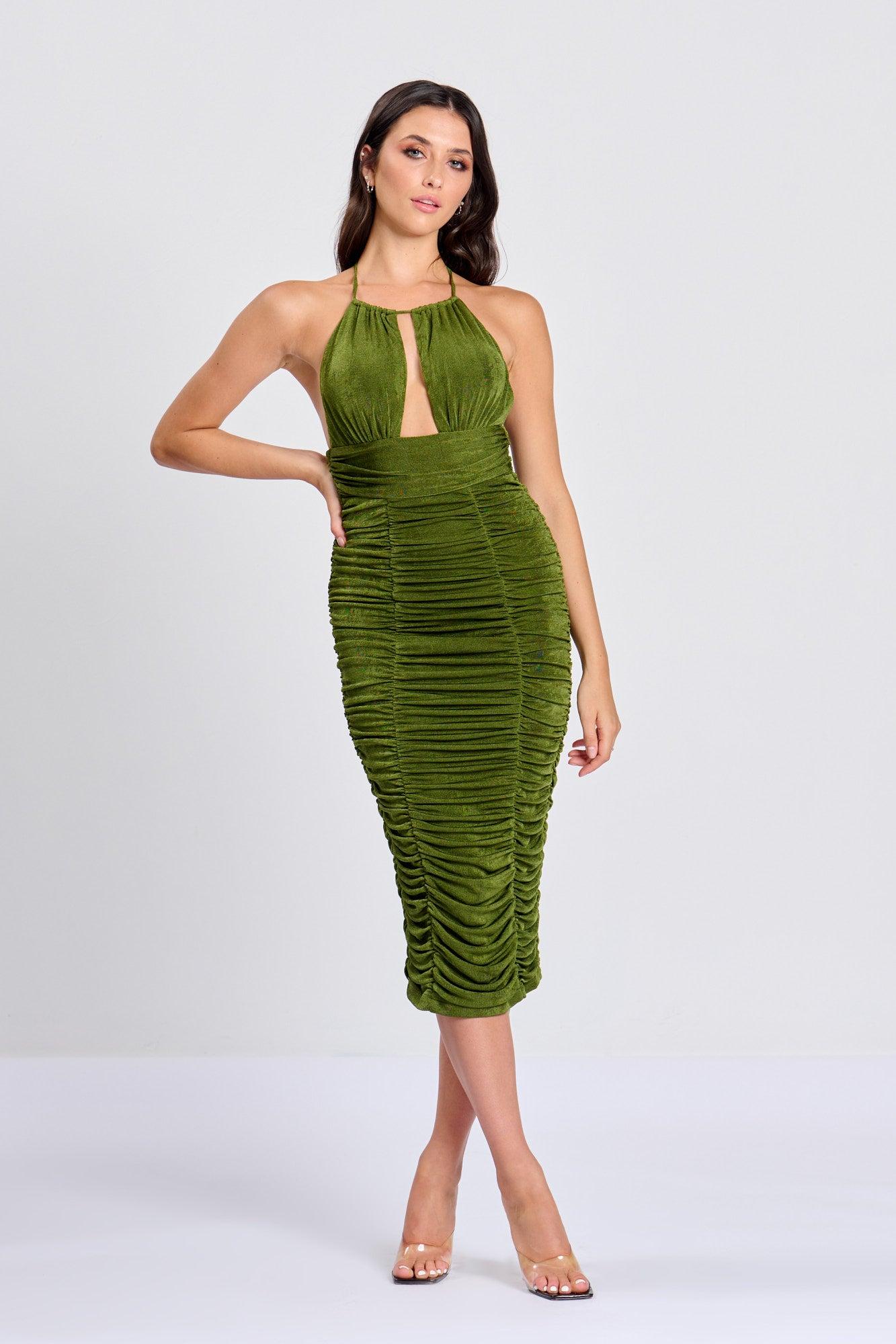 Rare London Green Cut Out Ruched Midi Dress | Lyst
