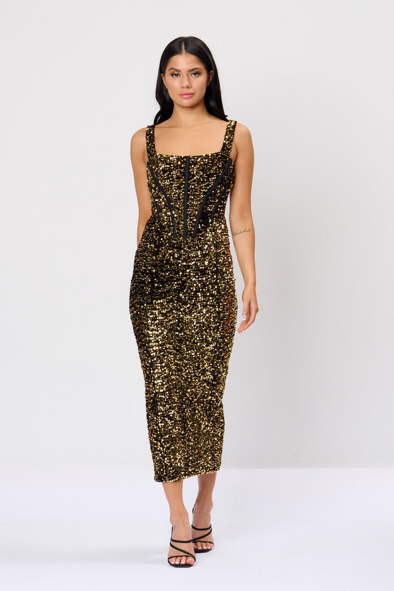 Rare London Gold Sequin Corset Velvet Midaxi Dress | Lyst UK