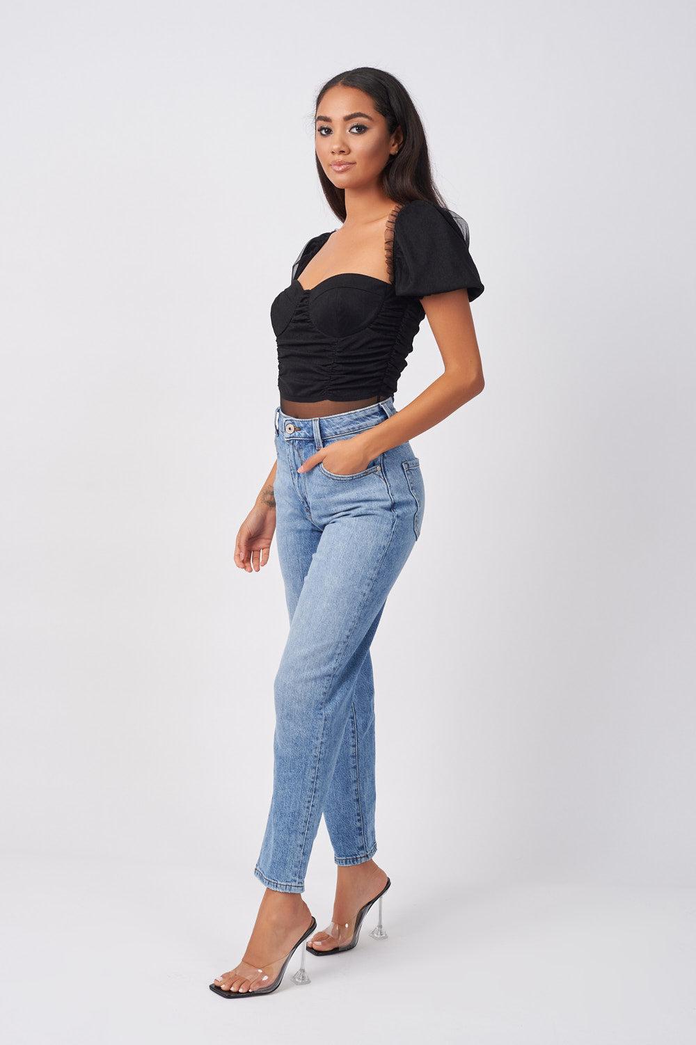Black Sparkle Mesh Puff Sleeve Bodysuit 