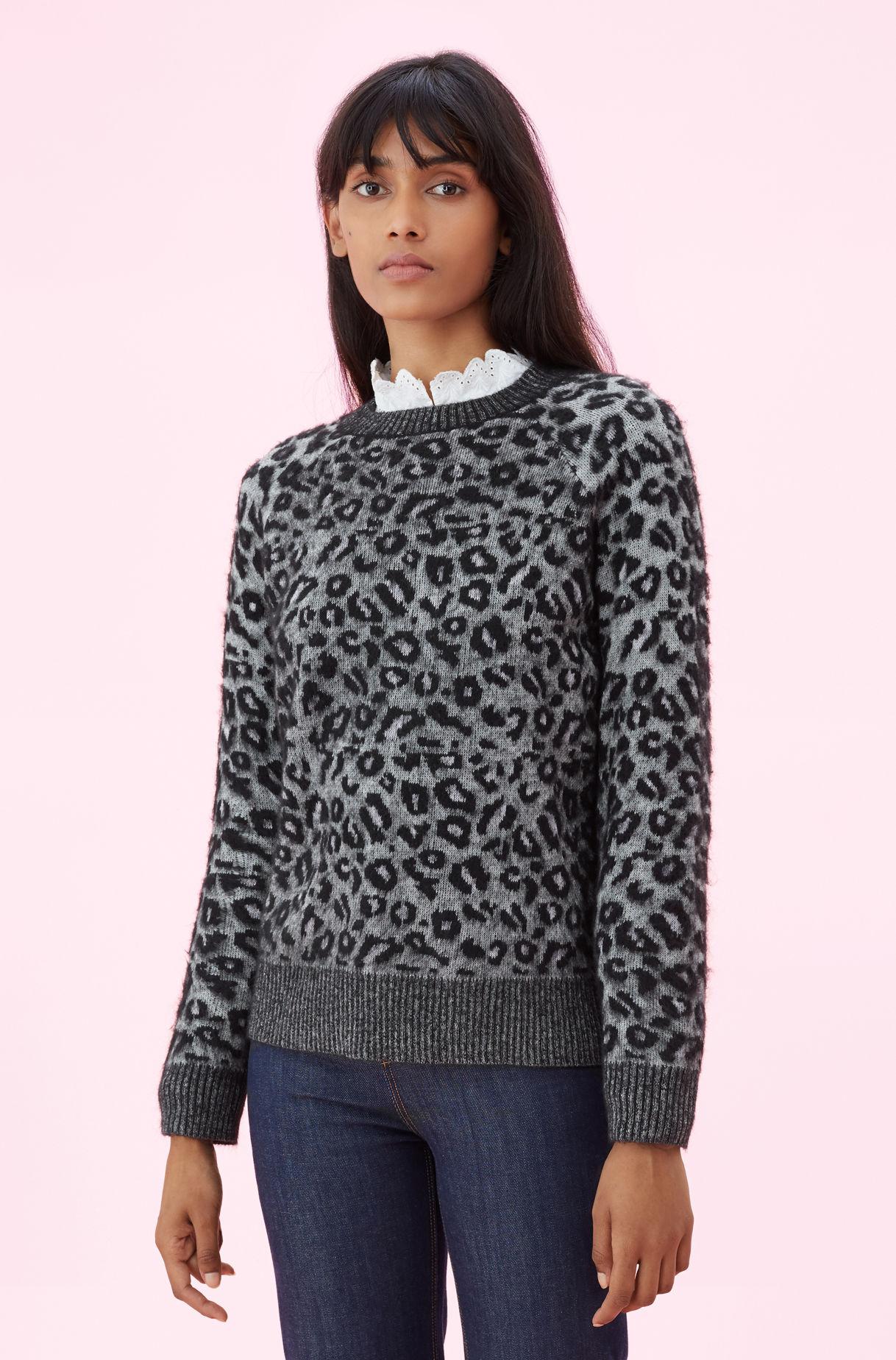 Rebecca Taylor La Vie Womens Leopard Print Jacquard Knit Pullover Sweater in Black Combo
