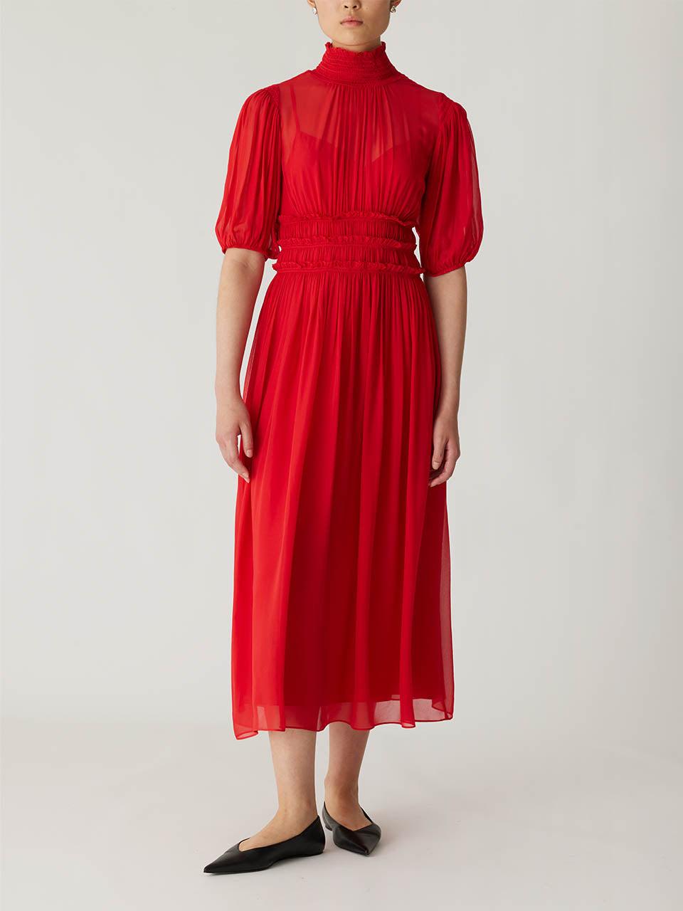 white christmas dresses Rebecca Taylor Heart Print Tie-Neck Dress Red Silk Size 2 Long Sleeve Shirtdress