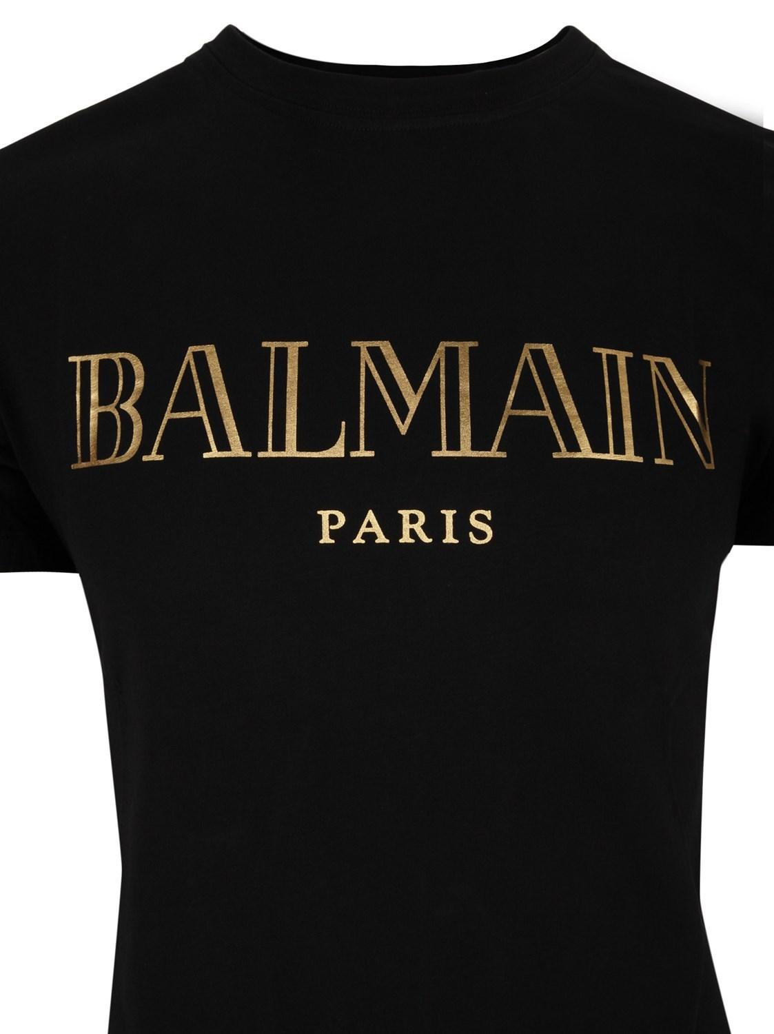 Lyst - Balmain Black Logo T-shirt In Cotton Regular Fit With Golden ...