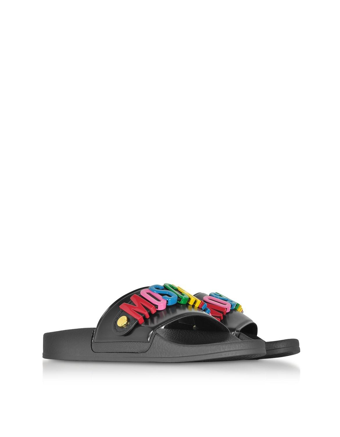 moschino multicolor logo pool sandals