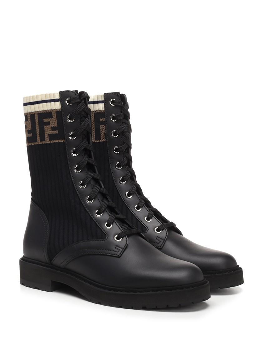 fendi rockoko leather and knit combat boots