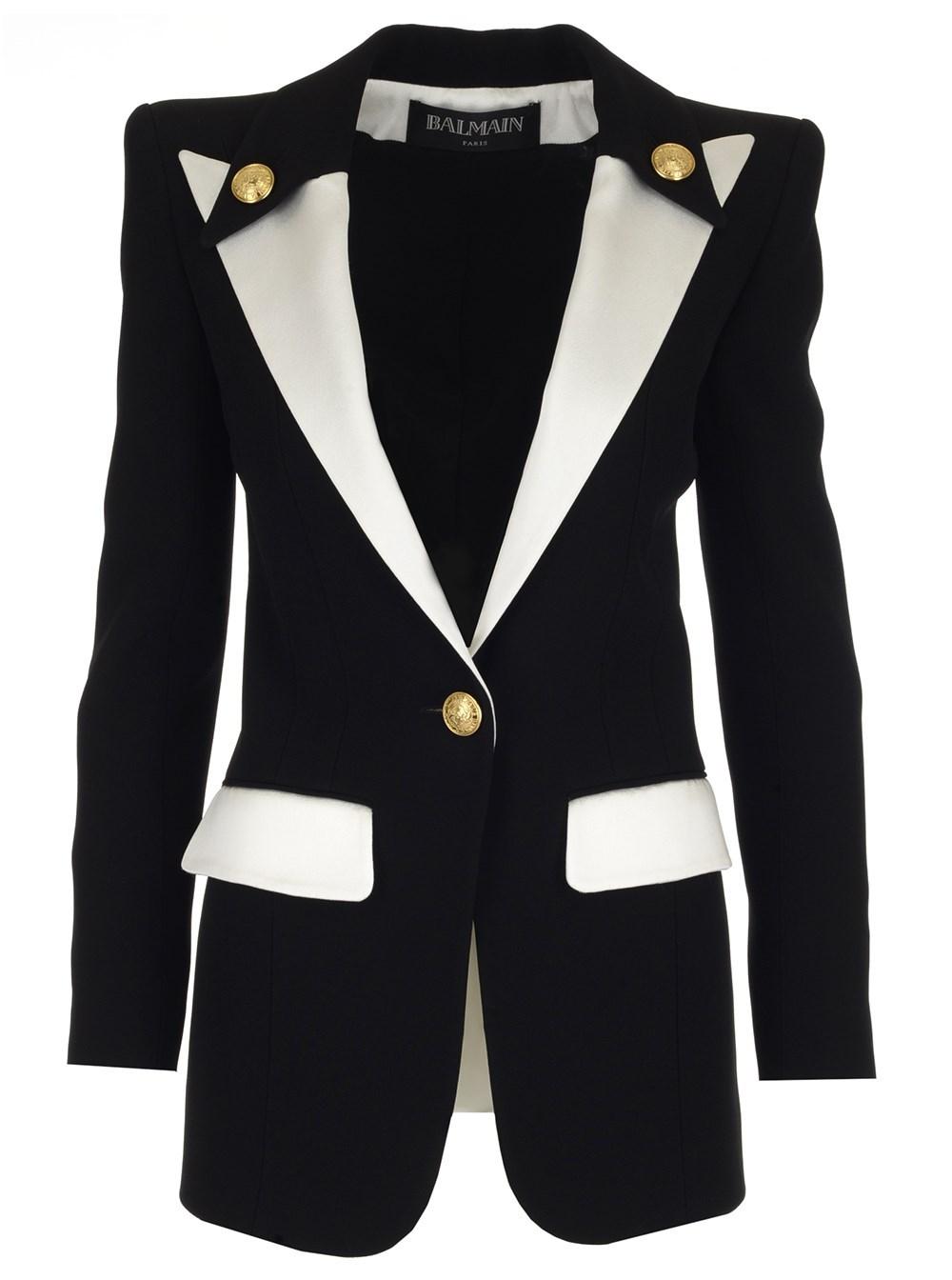 Balmain Synthetic Colorblocked Satin-lapel Long Blazer Jacket in Black/White  (Black) - Lyst