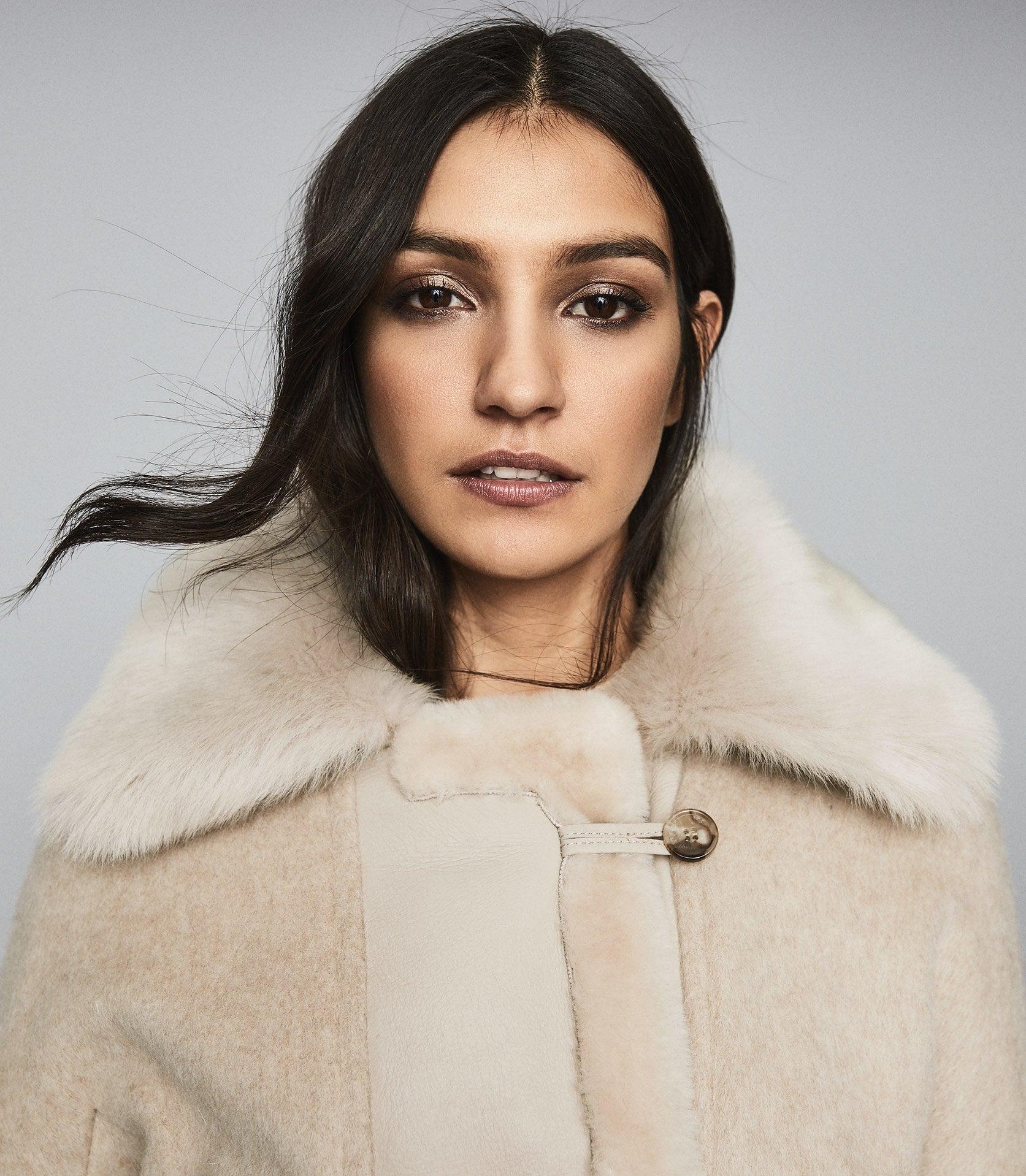 Reiss Kora - Wool Blend Shearling Detailed Coat in Natural - Lyst