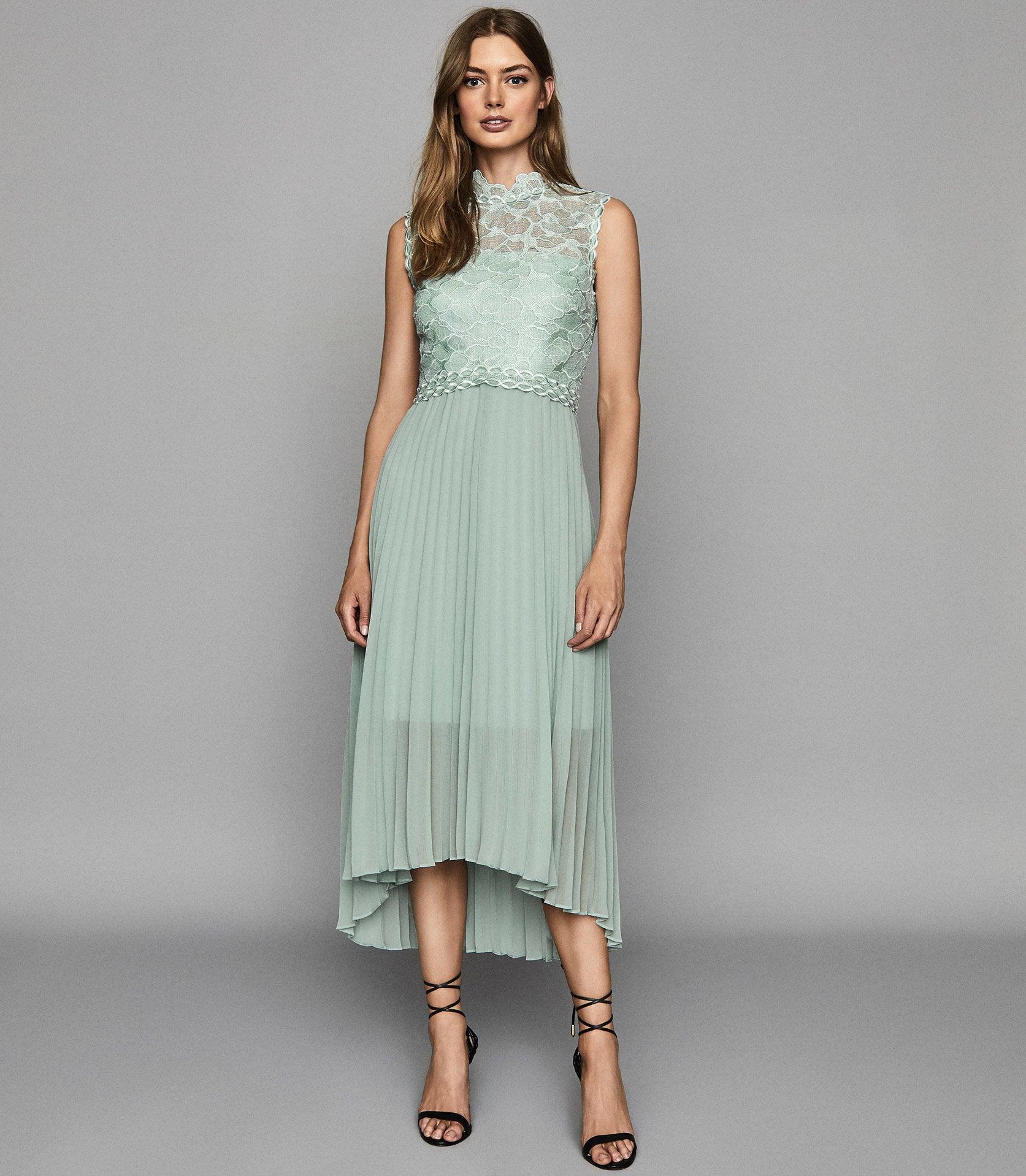 Reiss Lace Detail Pleated Midi Dress in Sage Green (Green) Lyst