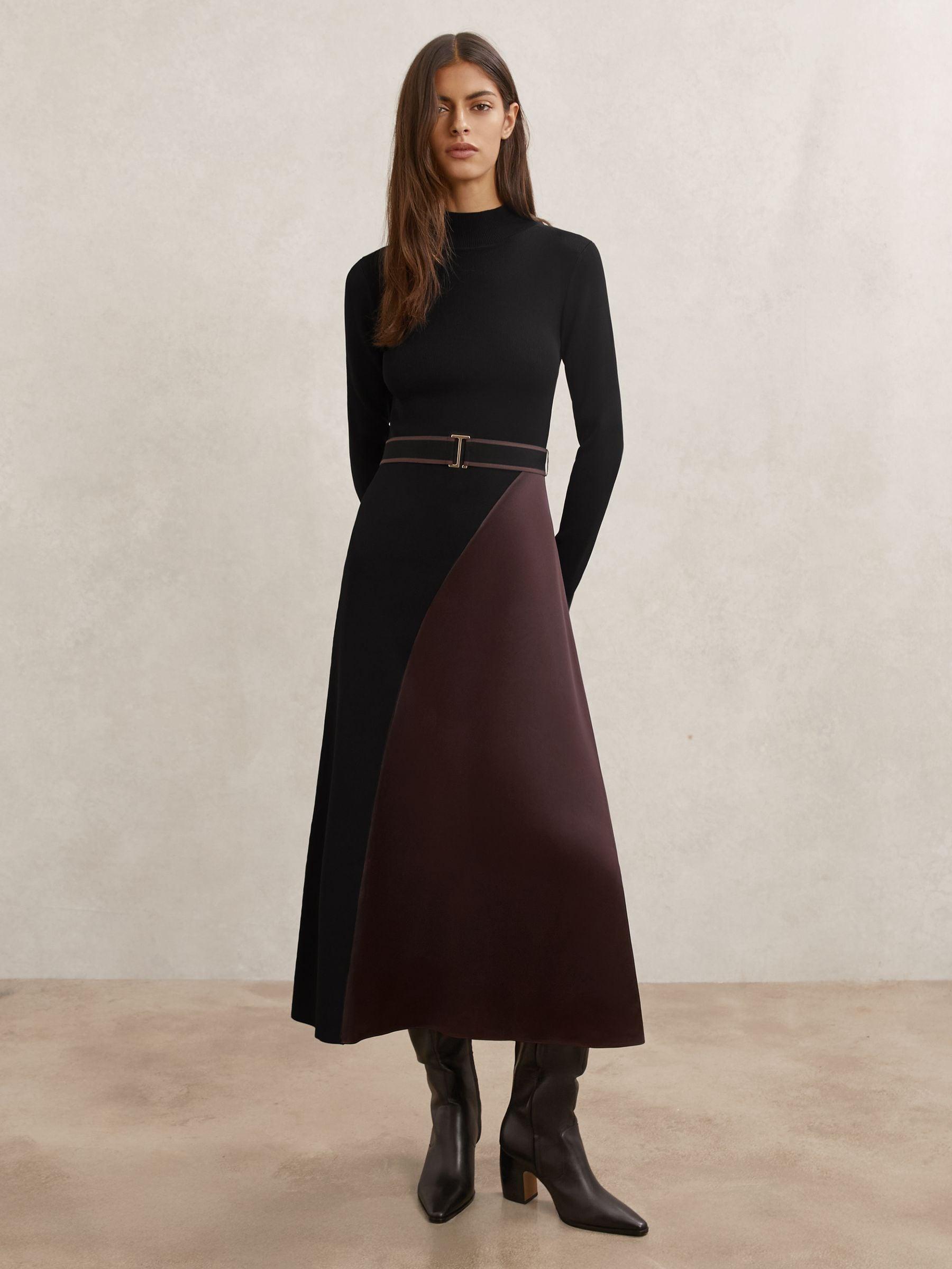 Reiss Burgundy Colour-Block Knitted Midi Dress in Natural | Lyst