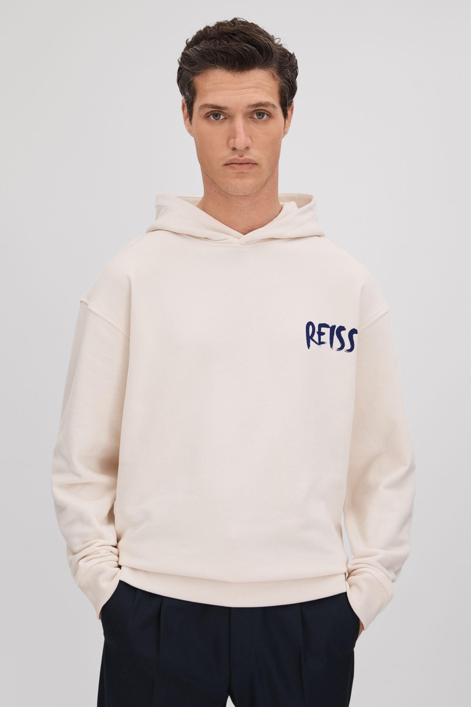 Reiss White Fabien Plain Interlock Jersey Drawstring Hoodie