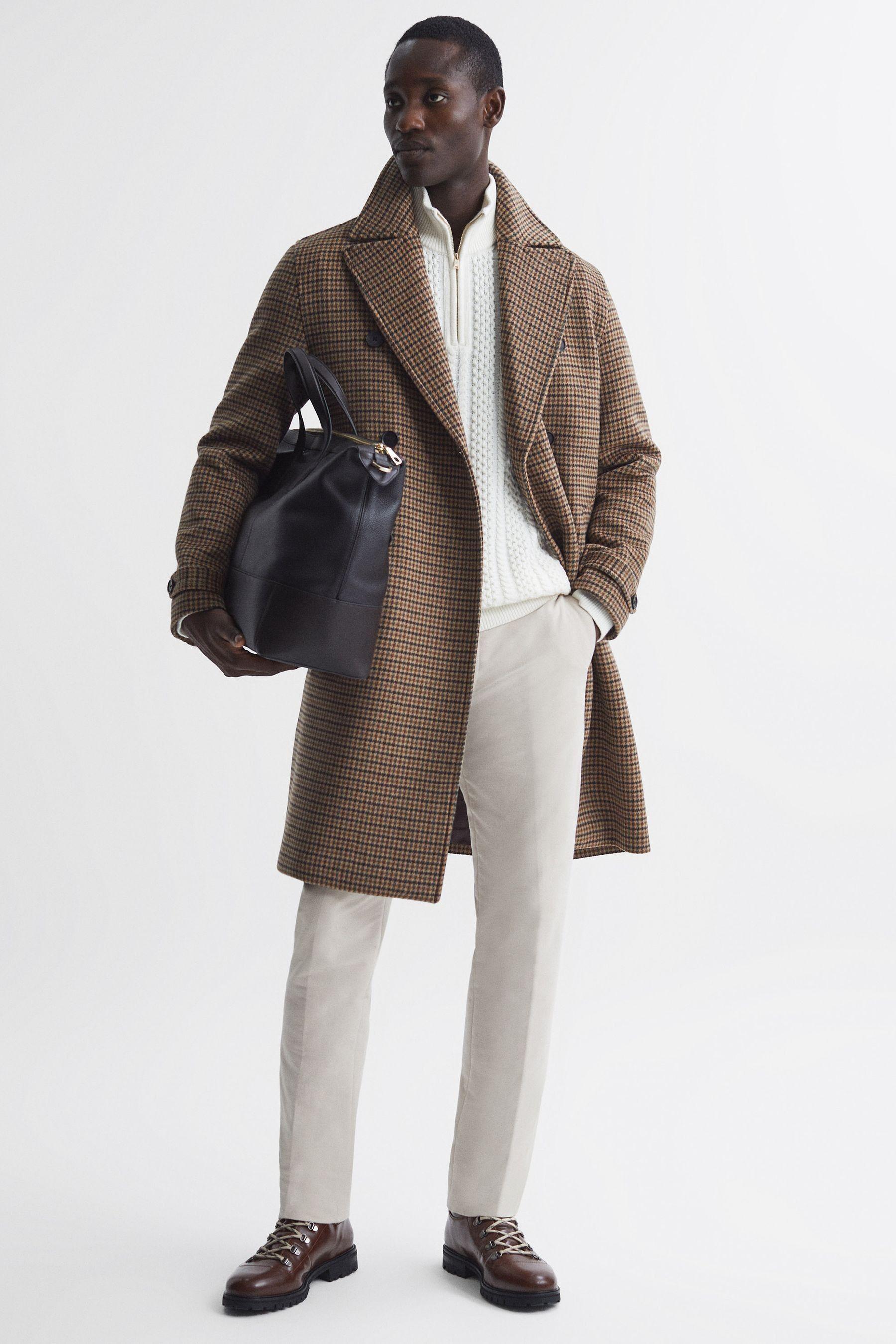 Reiss Unity Camel Modern Fit Wool Blend Double Breasted Dogtooth