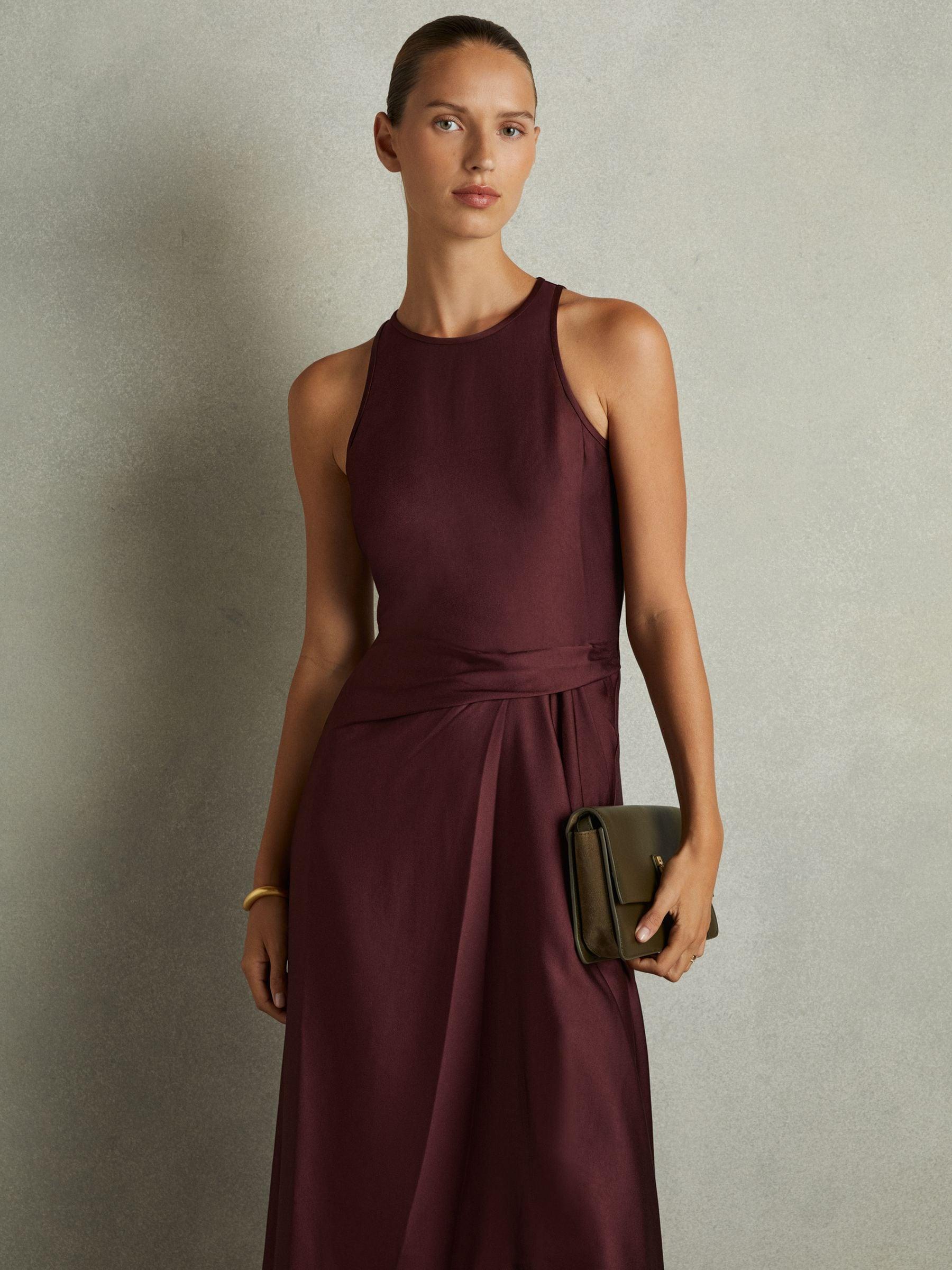 Reiss Micah - Burgundy Petite Satin Drape Tuck Midi Dress, Us 8 in Brown |  Lyst