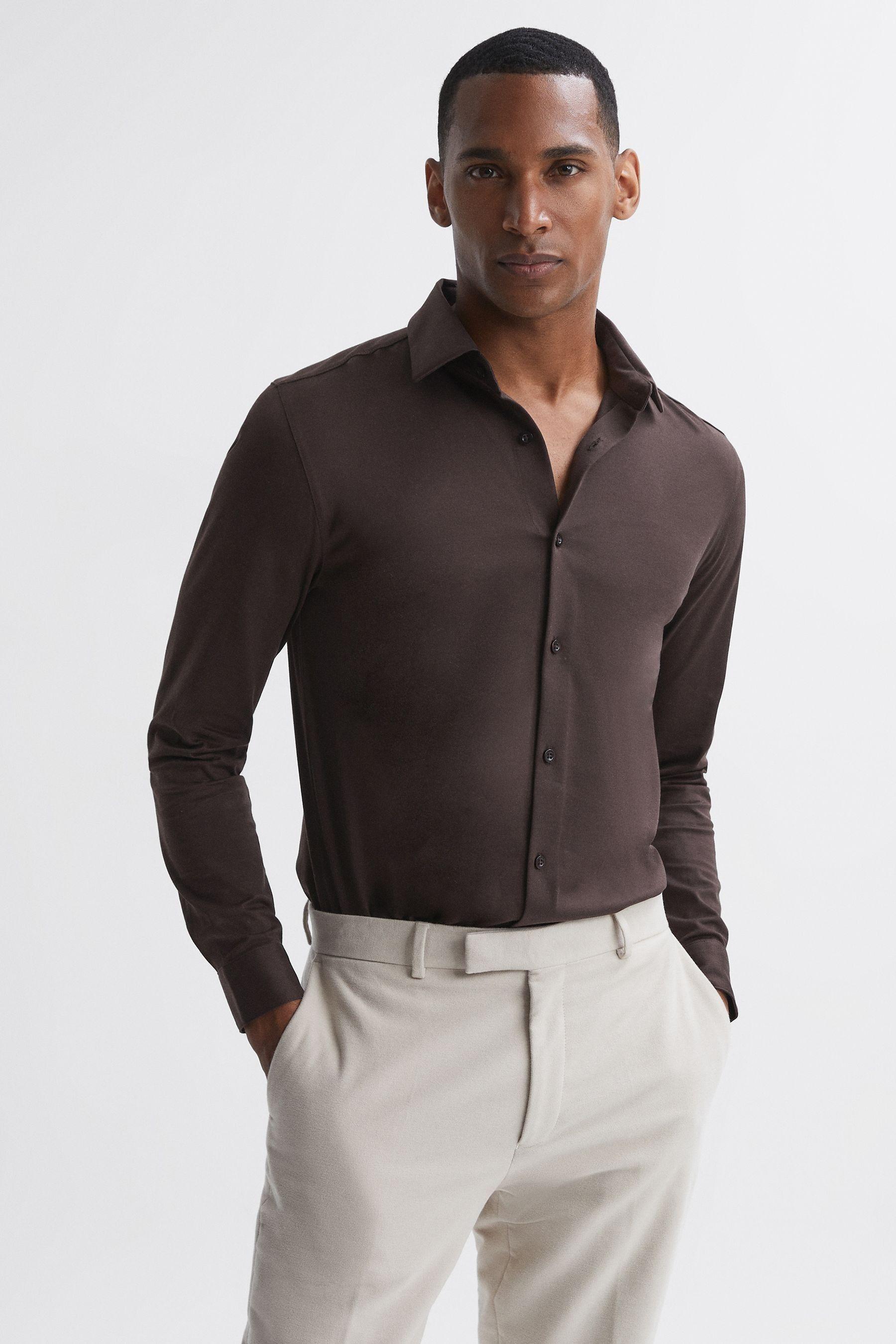 Reiss King - Chocolate Mercerised Cotton Button-through Shirt in Brown ...