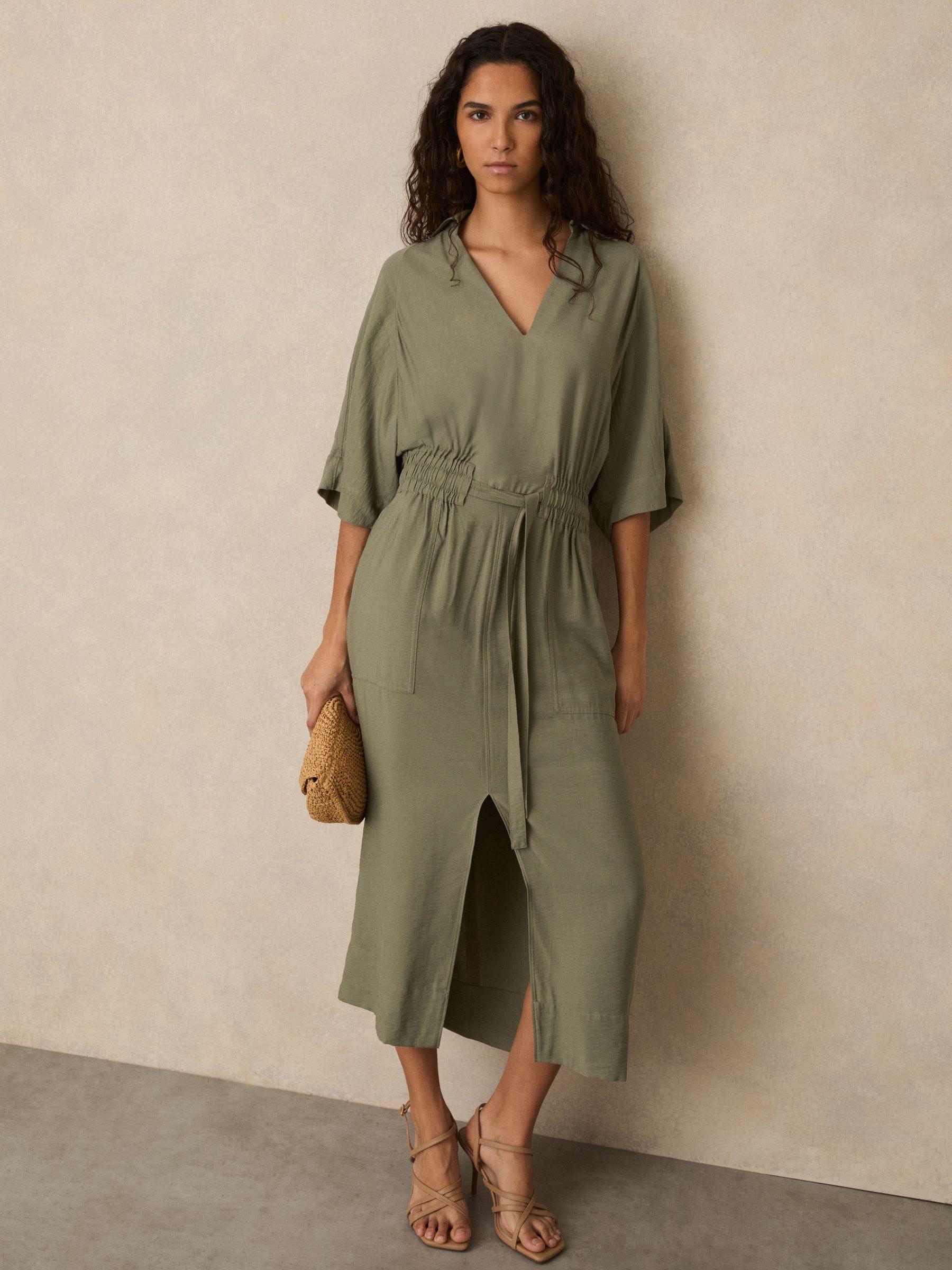 reiss cecily midi shirt dress Reiss Cecilia - Khaki Shirred-waist Midi Shirt Dress, Us 4 in Green