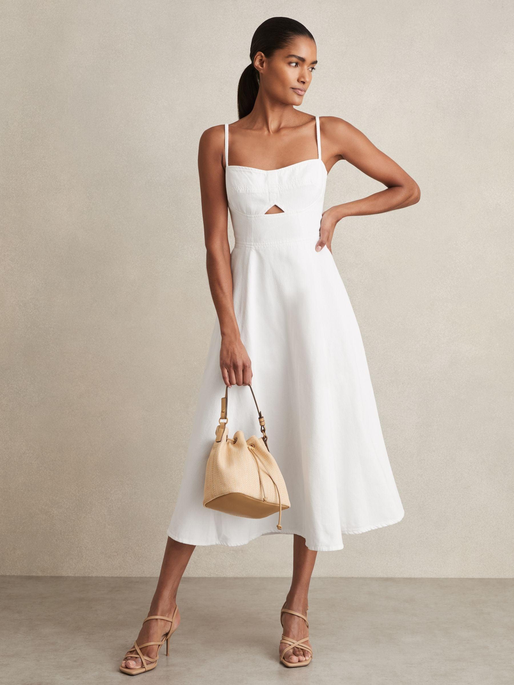 white midi dress fit and flare White Chiffon Fit and Flare Midi Dress - Pleated Waist, Transparent Collar 1770