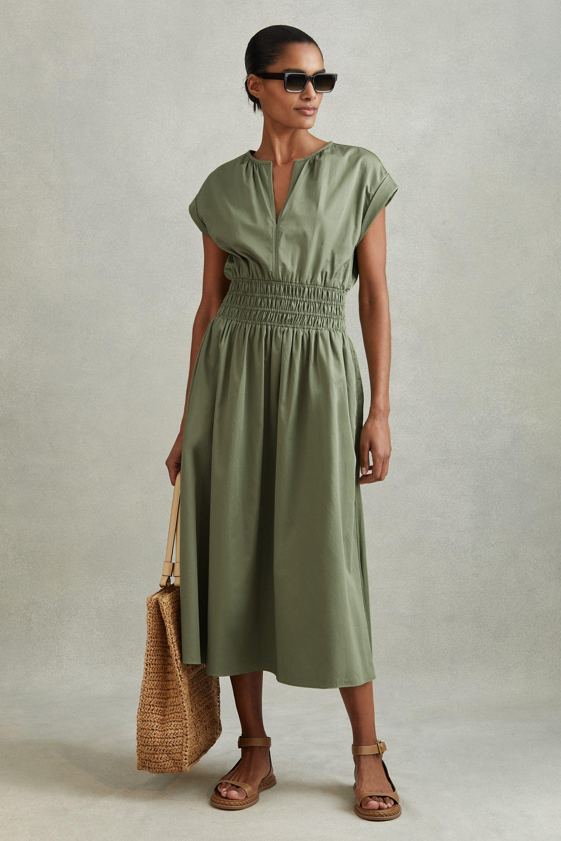 Reiss Cotton Ruched Midi Dress in Green | Lyst