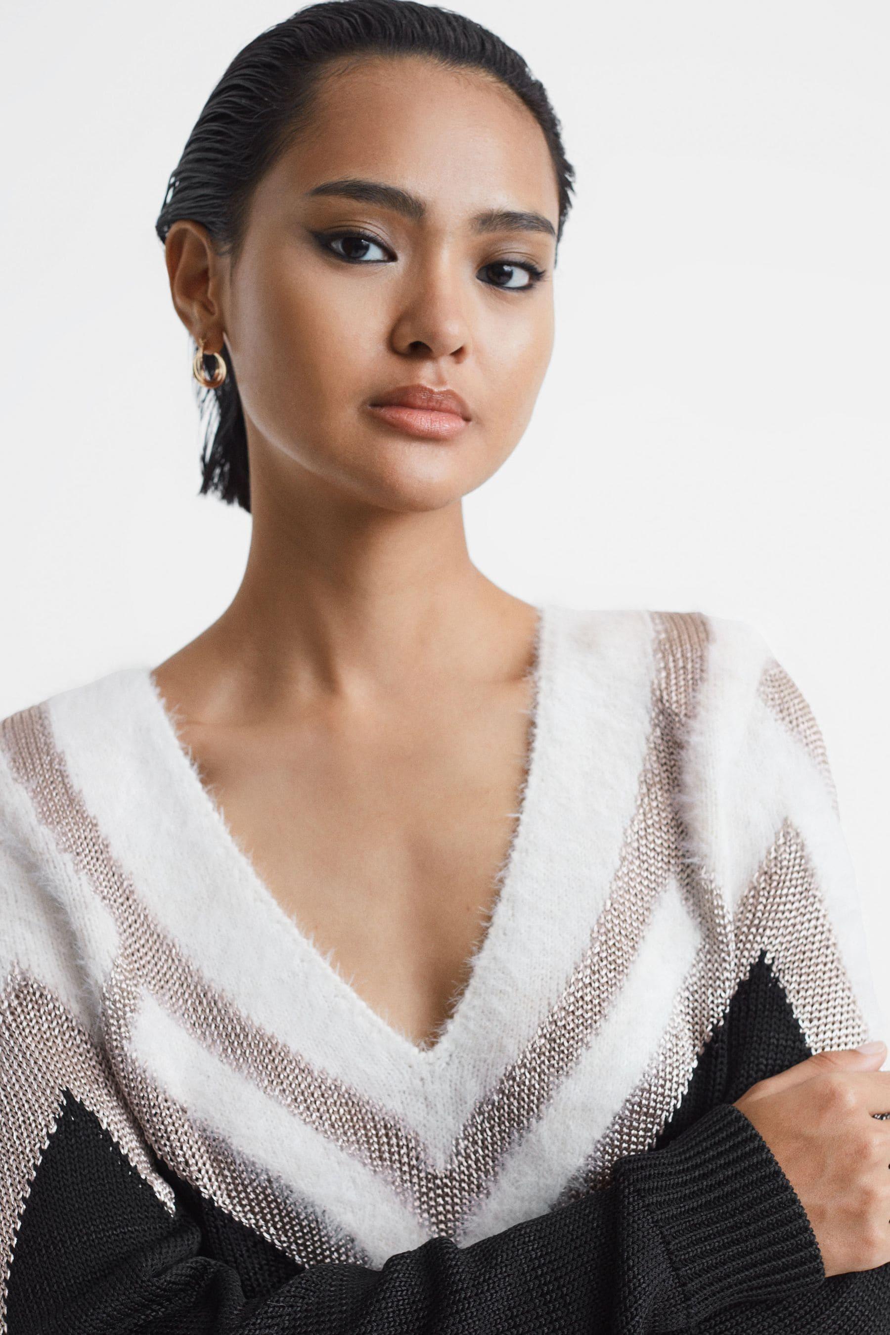 Metallic v neck sweater sale