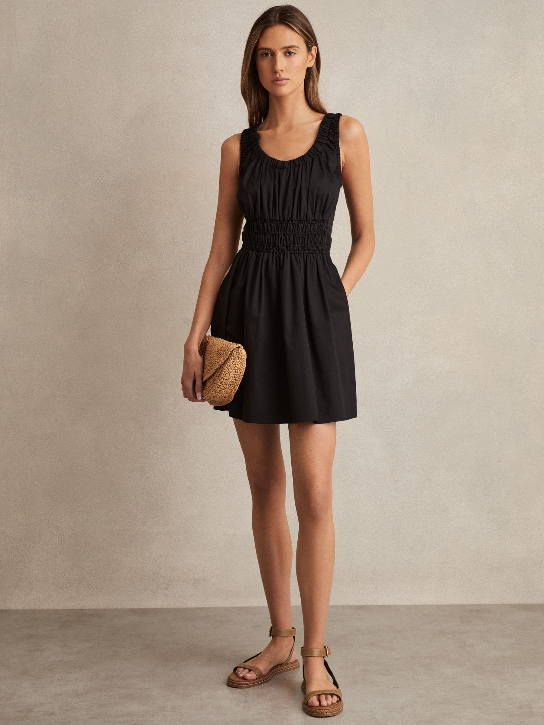 【海外限定】REISSドレス☆Abi Cotton Craft-Stitch Shirred Min Reiss Abi - Black Cotton Craft-stitch Shirred Mini Dress, Us