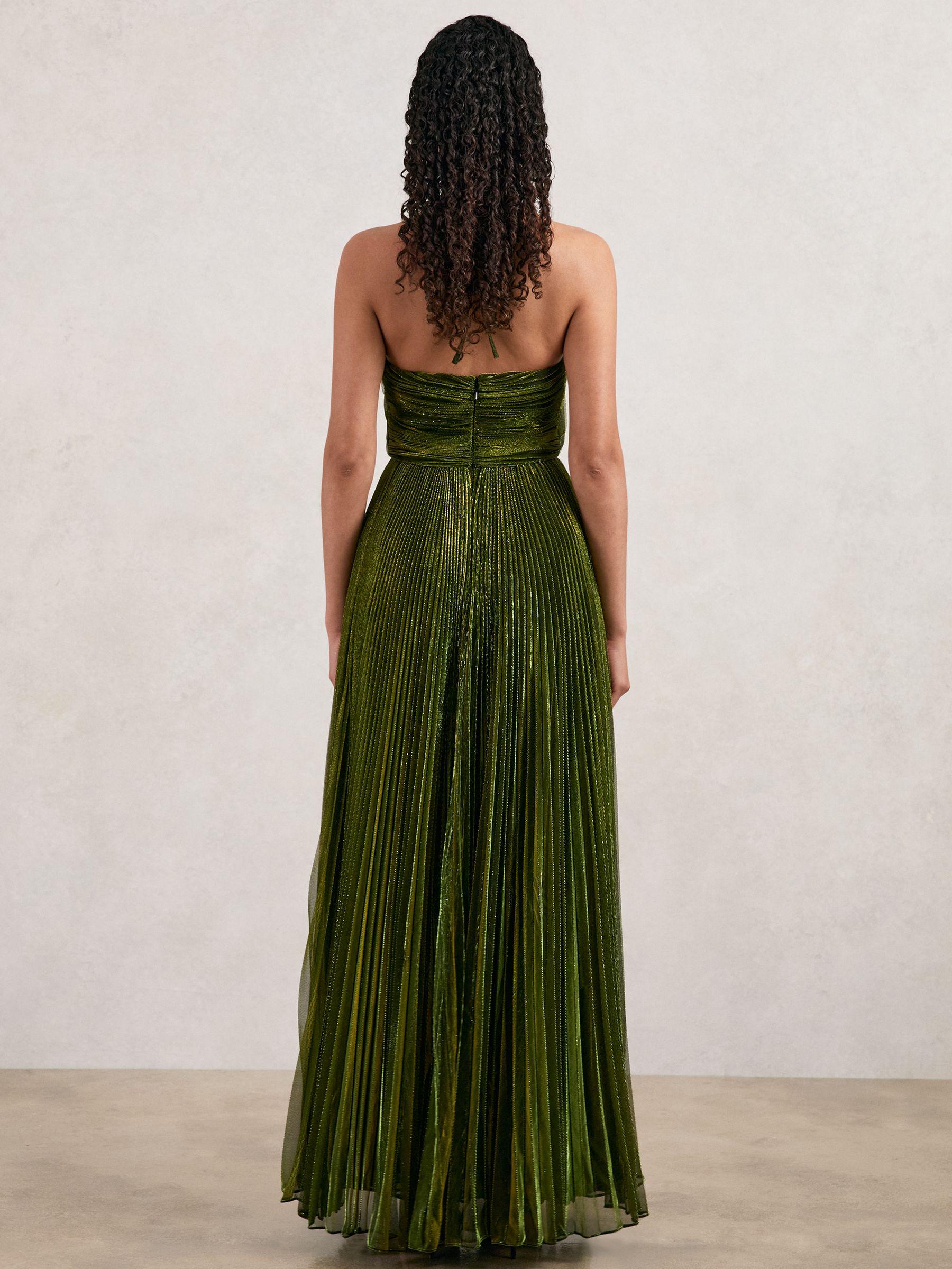 Halston Pleated Metallic Maxi Dress in Green | Lyst