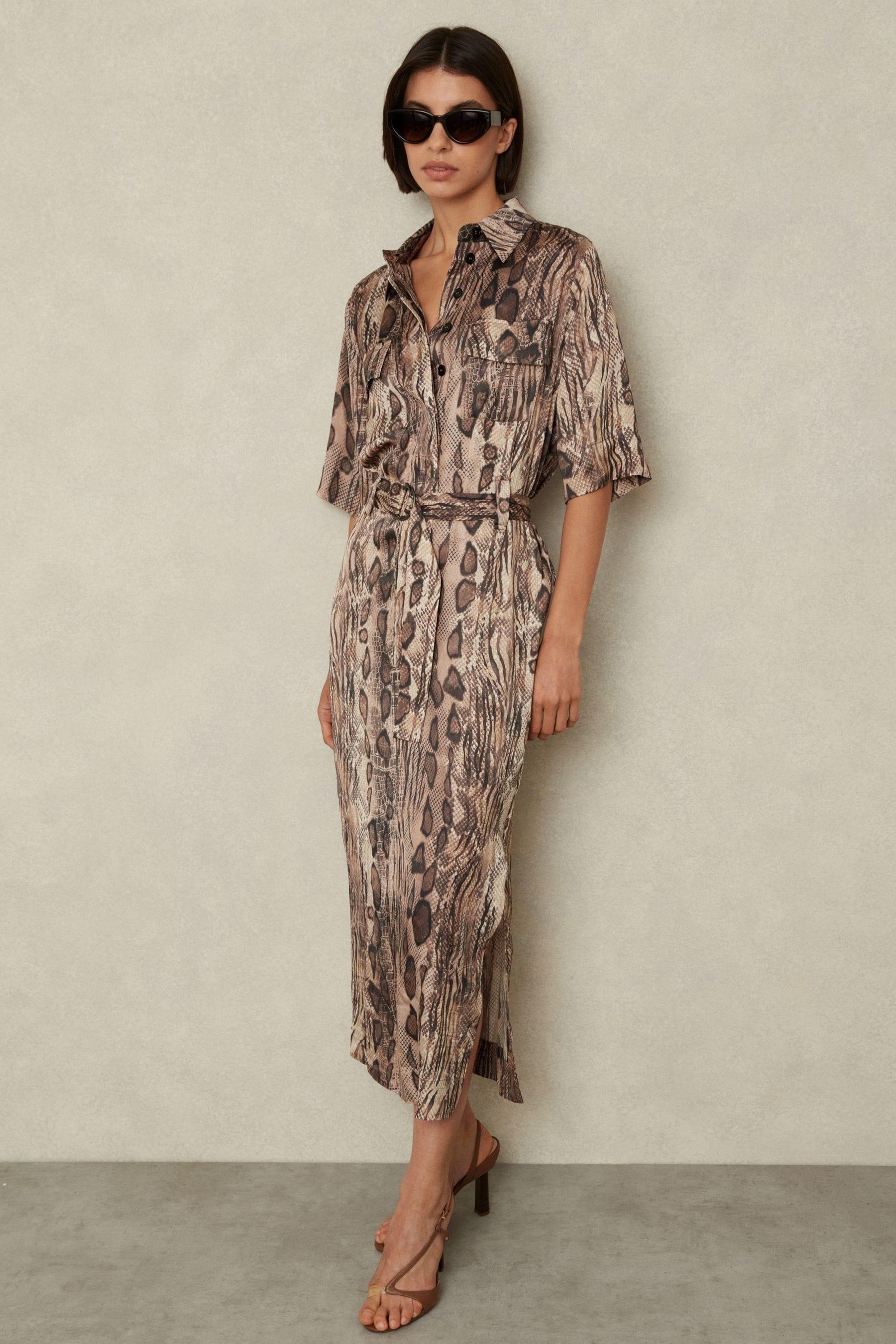 【海外限定】REISSワンピース☆ Farah Snake Print Belted Midi Reiss Snake Print Belted Midi Dress in Natural | Lyst