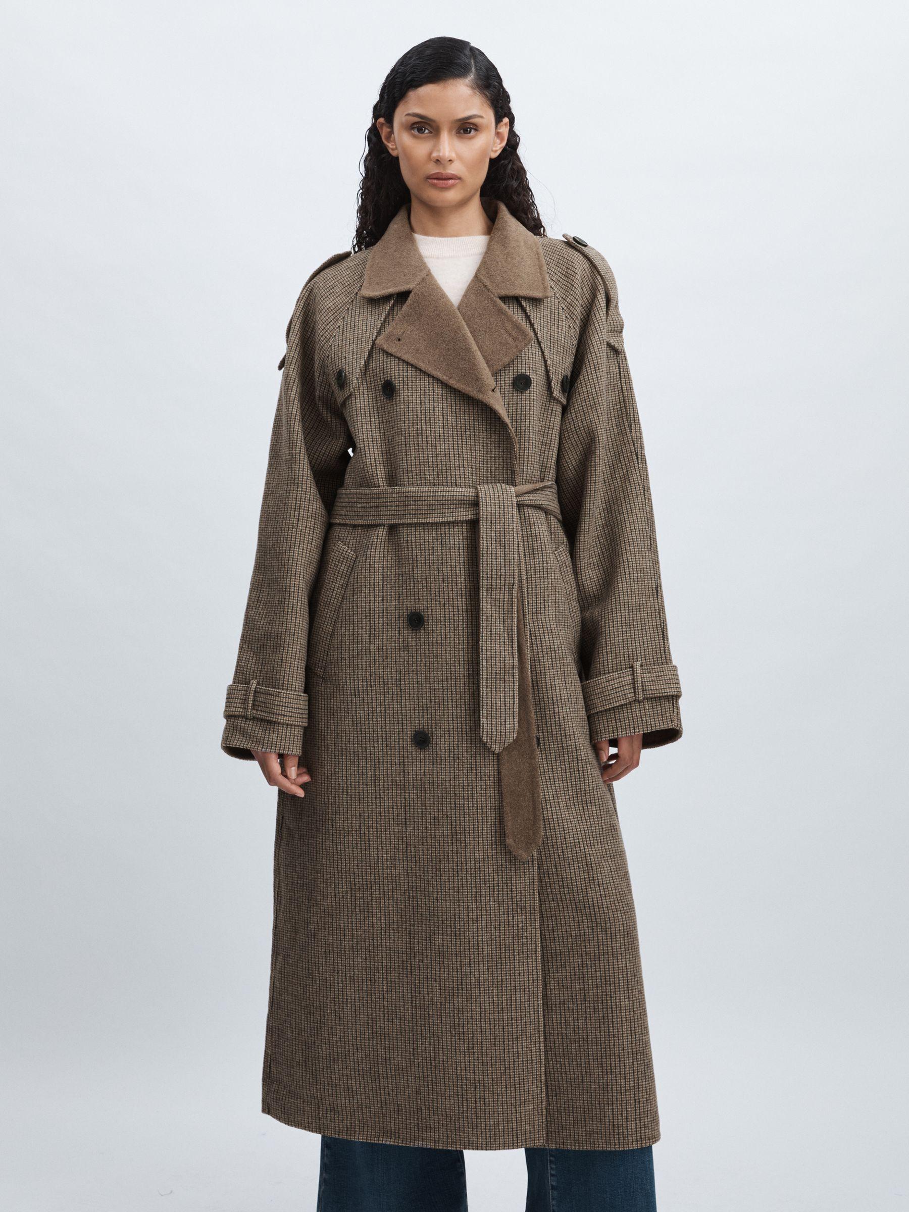 Meotine Wool-Blend Houndstooth-Check Trench Coat, M & L in Brown