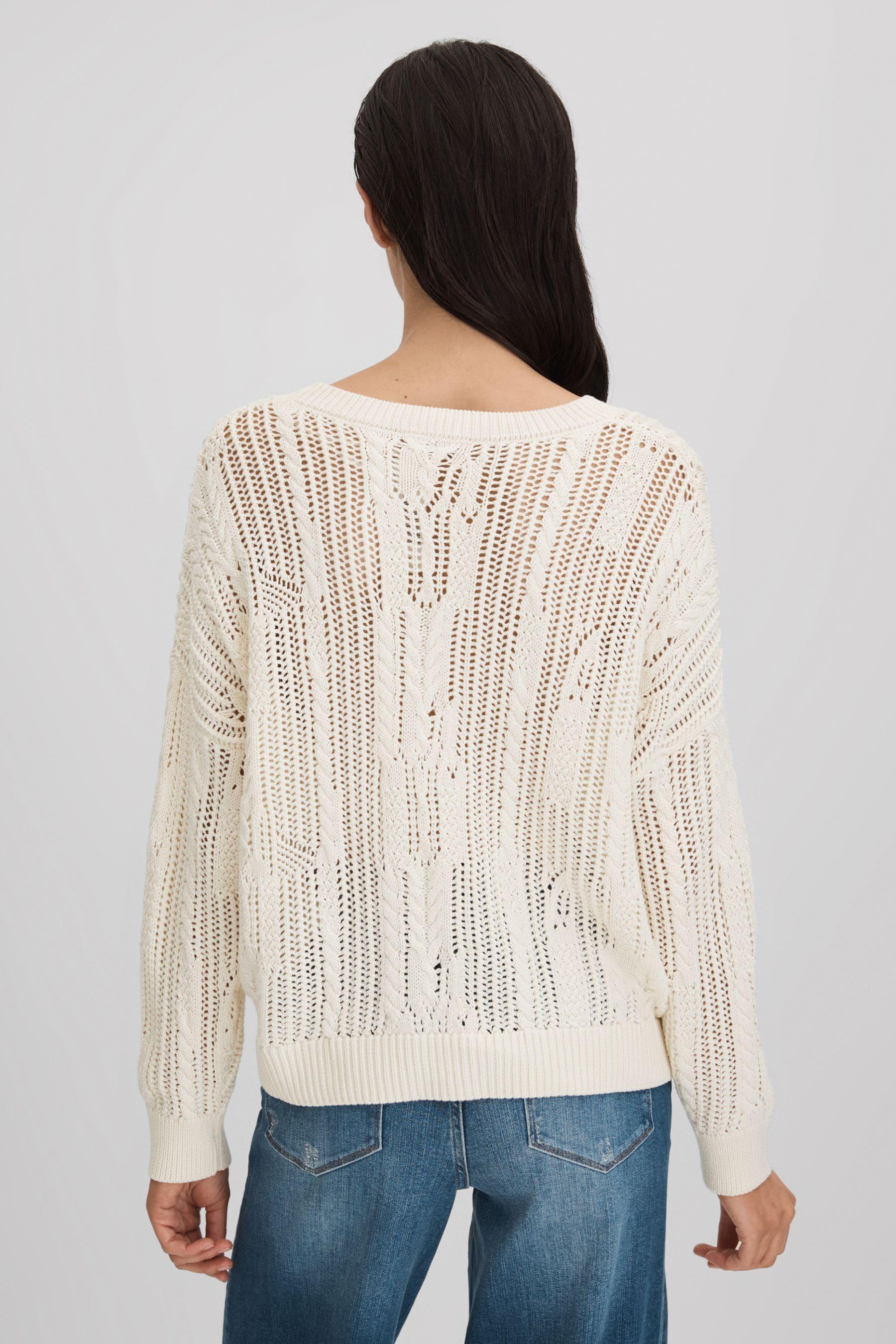 Reiss Tanya Ivory Cotton Blend Open Stitch Crew Neck Jumper, L