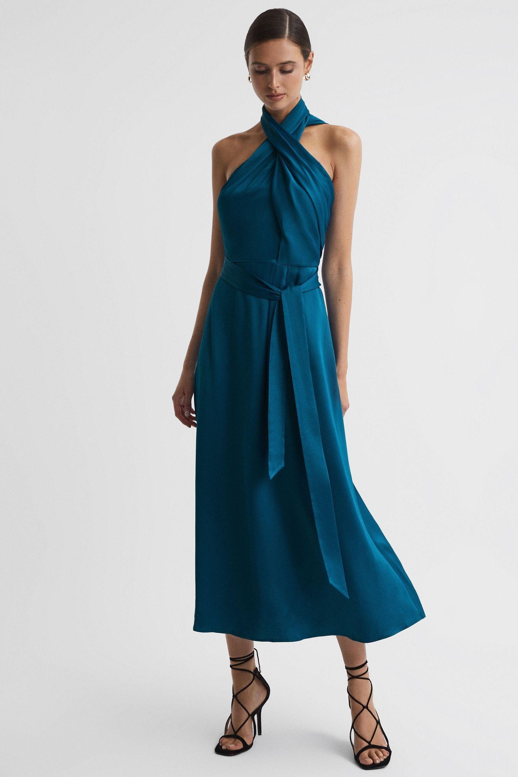 Reiss Vida - Teal Satin Halter Neck Fitted Midi Dress in Blue | Lyst