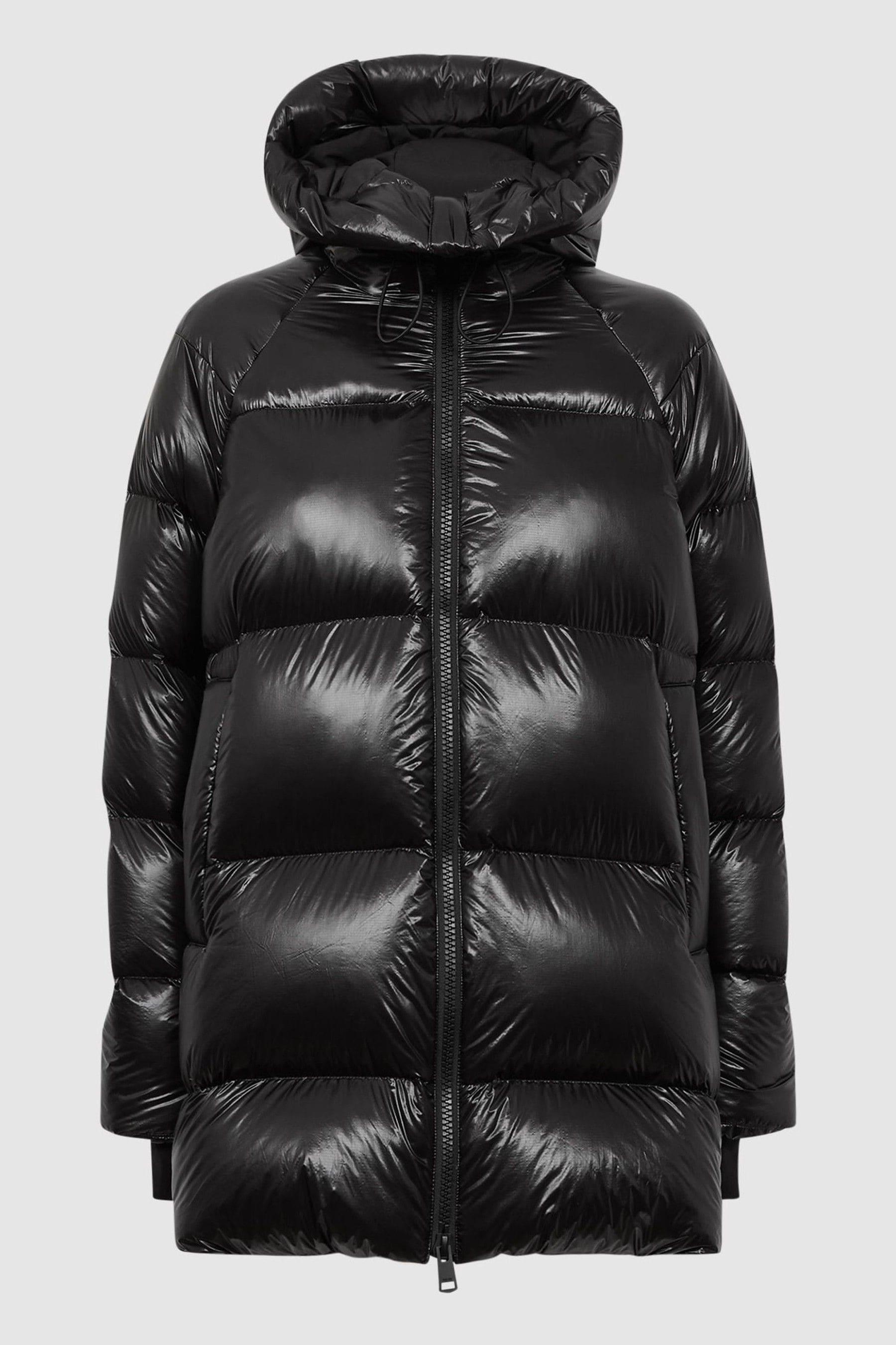 Long black top shiny puffer coat