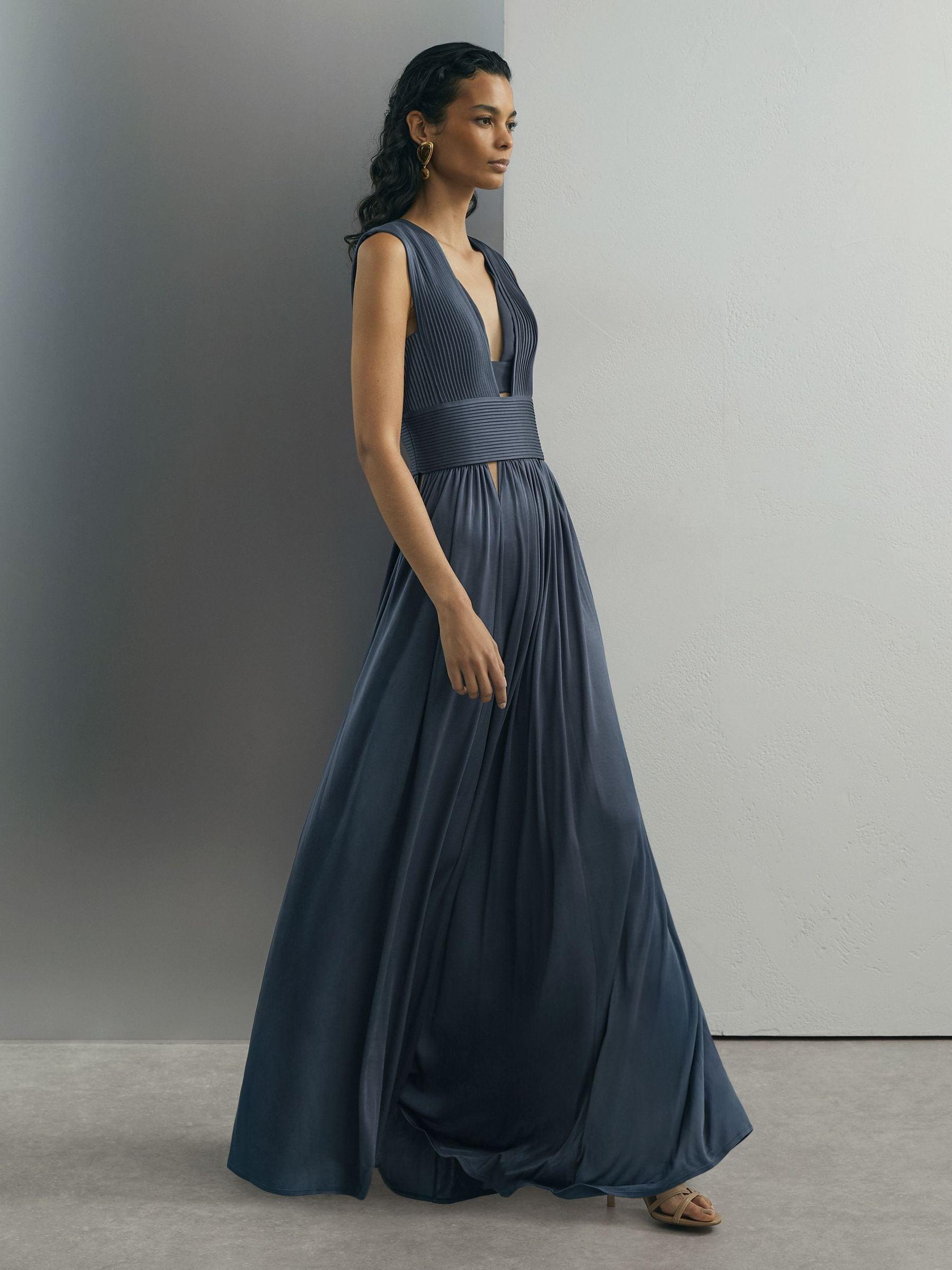 grey plunge dress ATELIER Pleated Plunge-Neck Maxi in trending women fashion