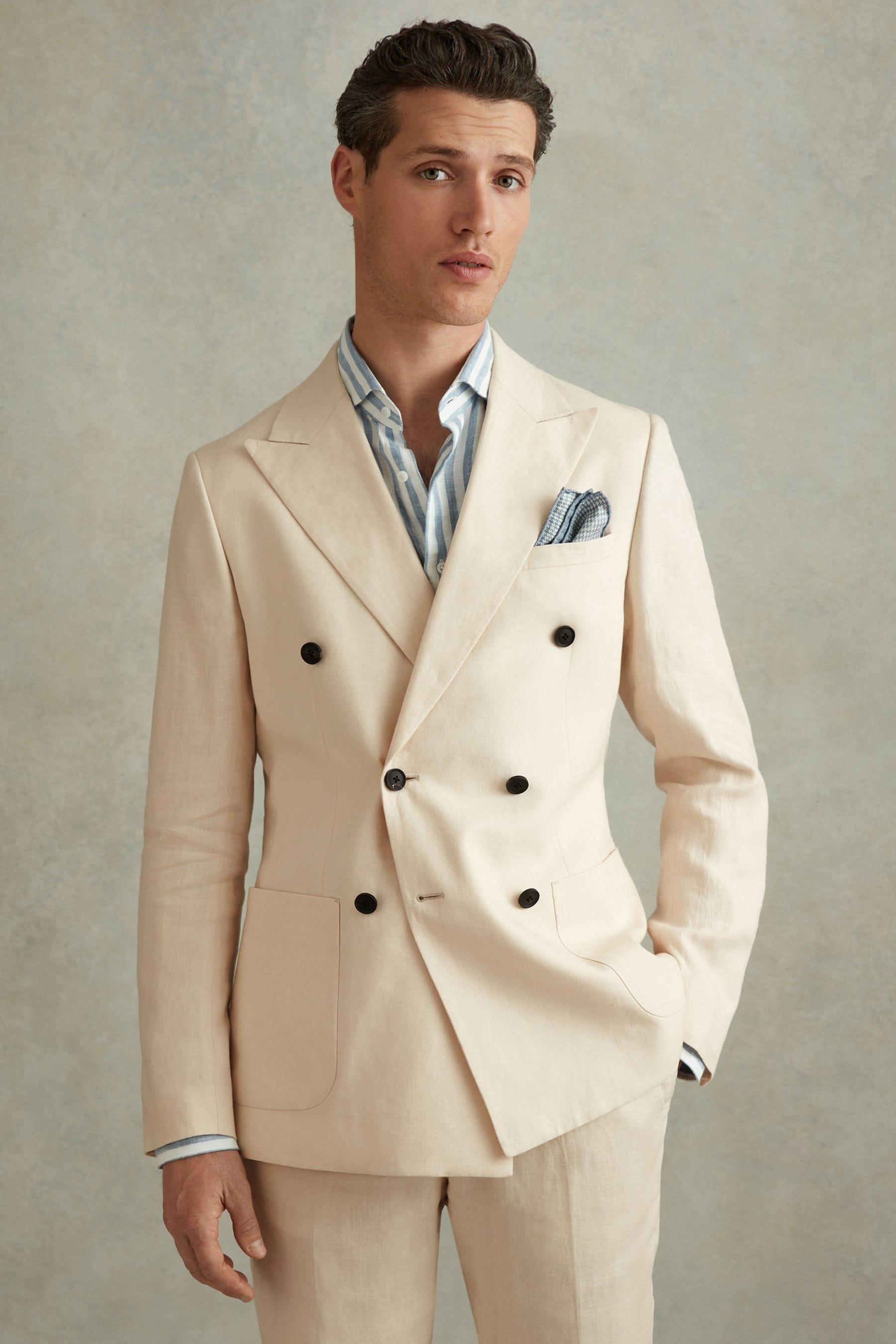 Reiss Db Stone Kin Double Breasted 100% Linen Slim Fit Blazer