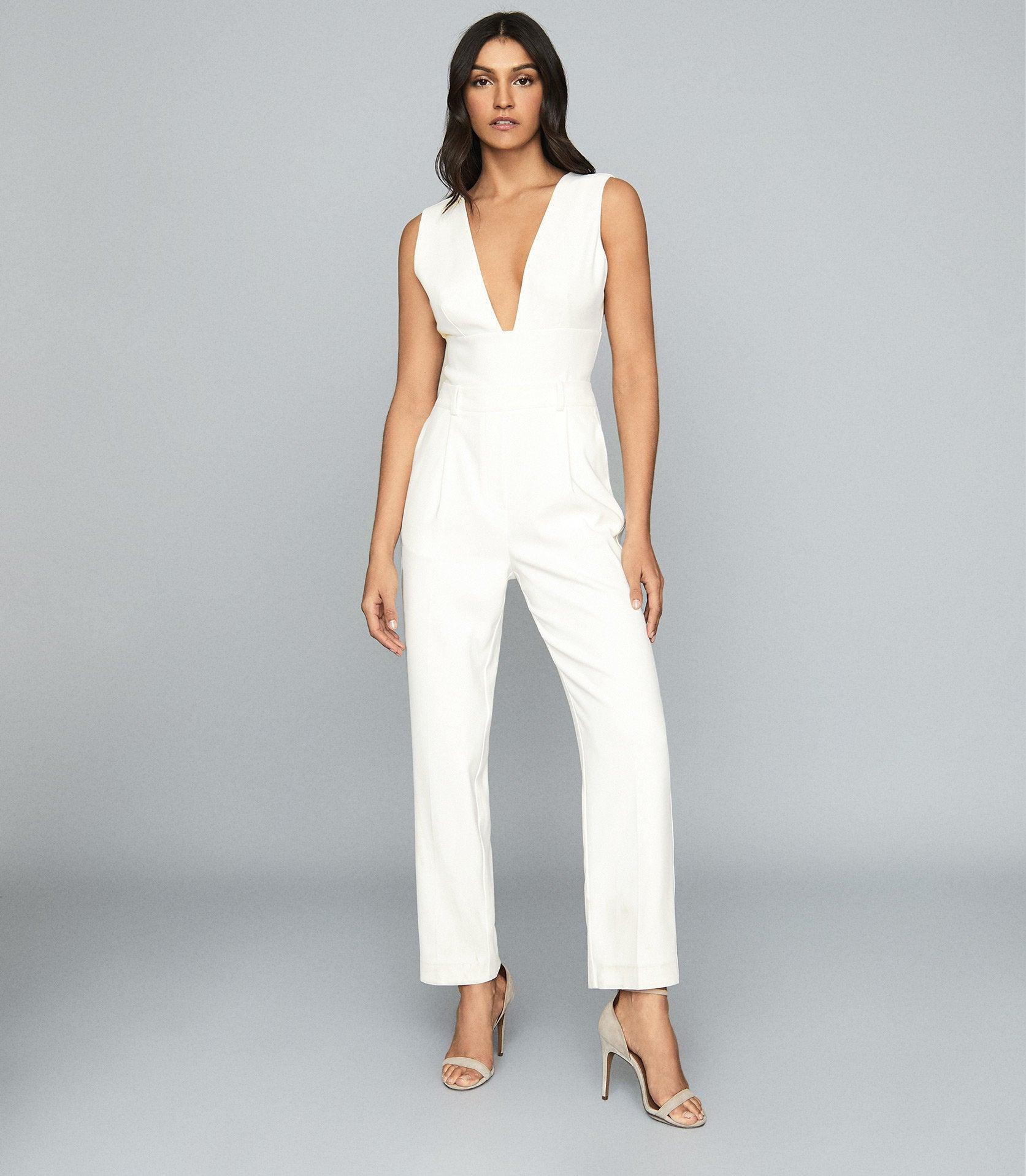 Reiss Synthetic Lina - Plunge Tailored Jumpsuit in White - Lyst