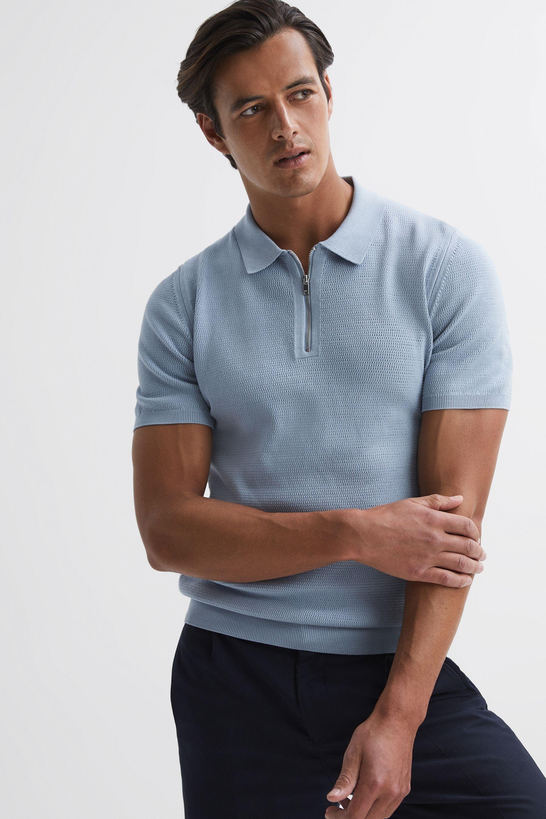 Reiss Fizz Soft Blue Knitted Halfzip Polo Tshirt for Men Lyst UK