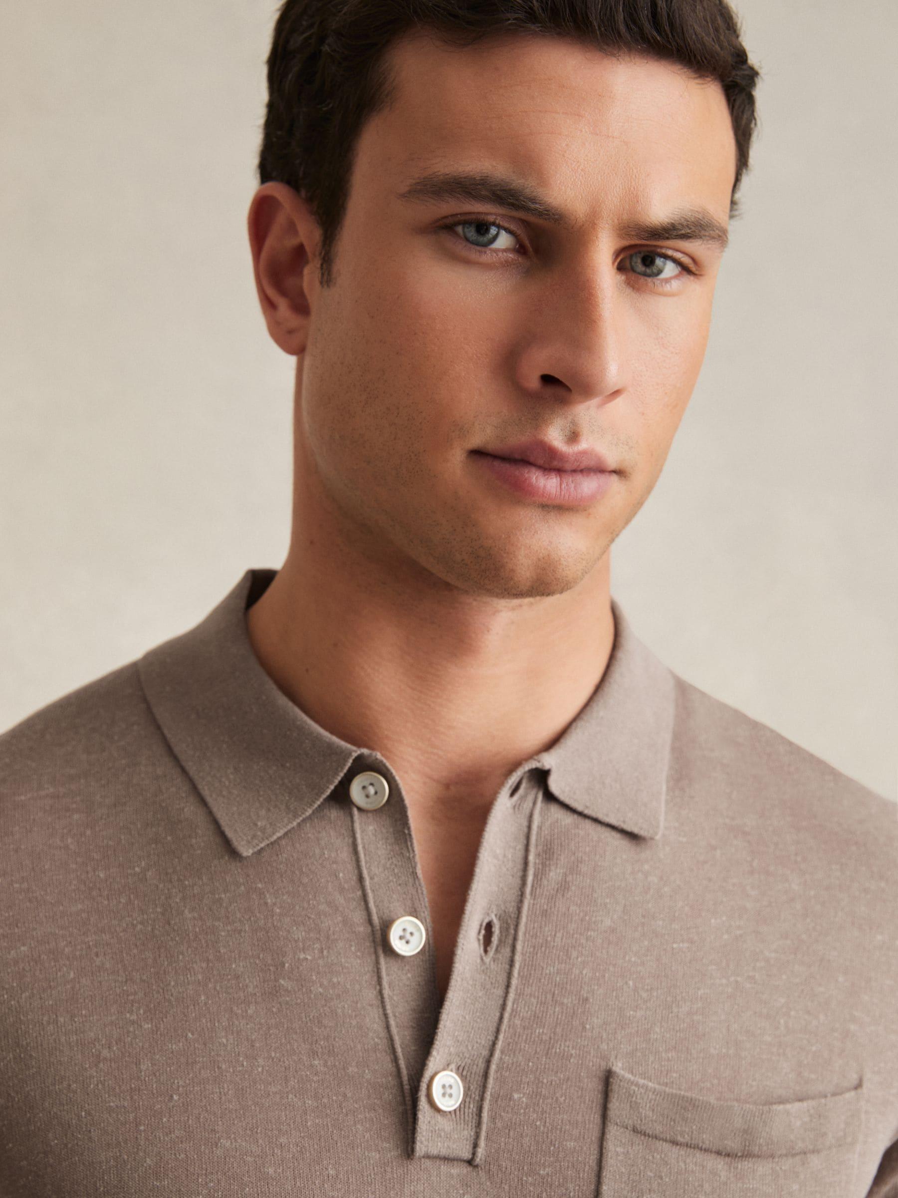 Reiss Nelson Mink Brown Patch Pocket Knit Polo Shirt, Xxl for