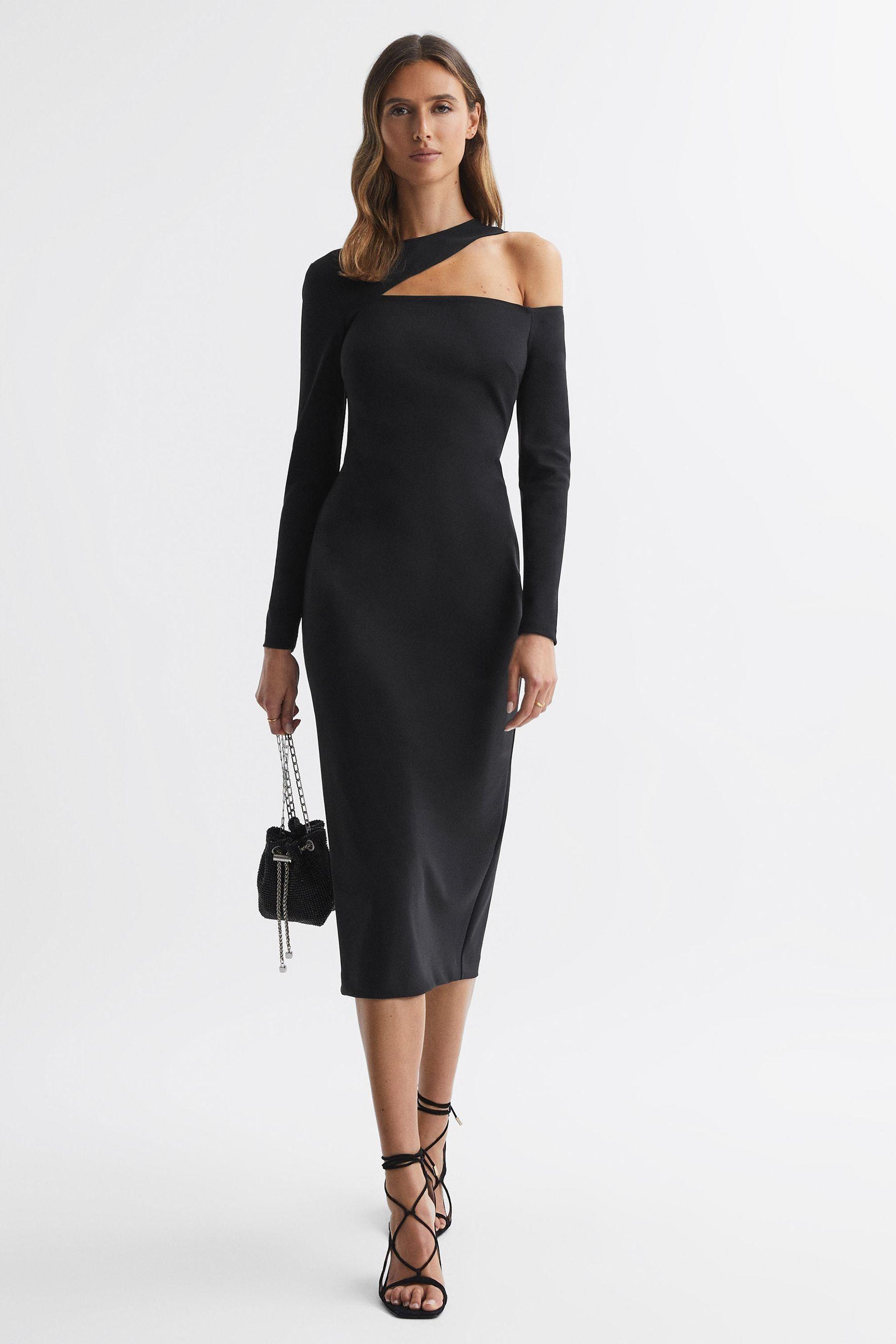 Reiss Tiffany - Black Bodycon Off-the-shoulder Midi Dress | Lyst