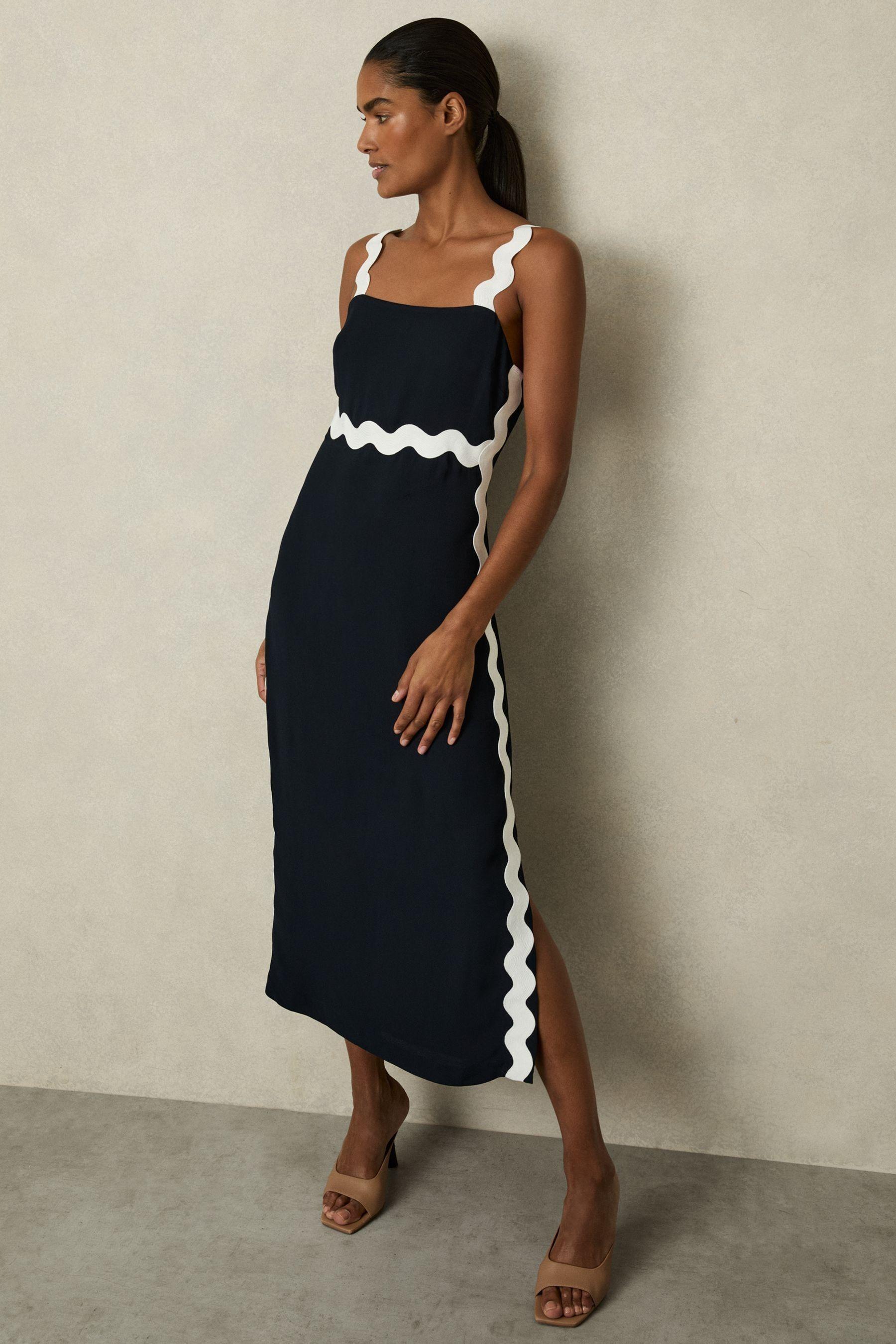 Reiss Wave Trim Crepe Midi Dress in Blue | Lyst
