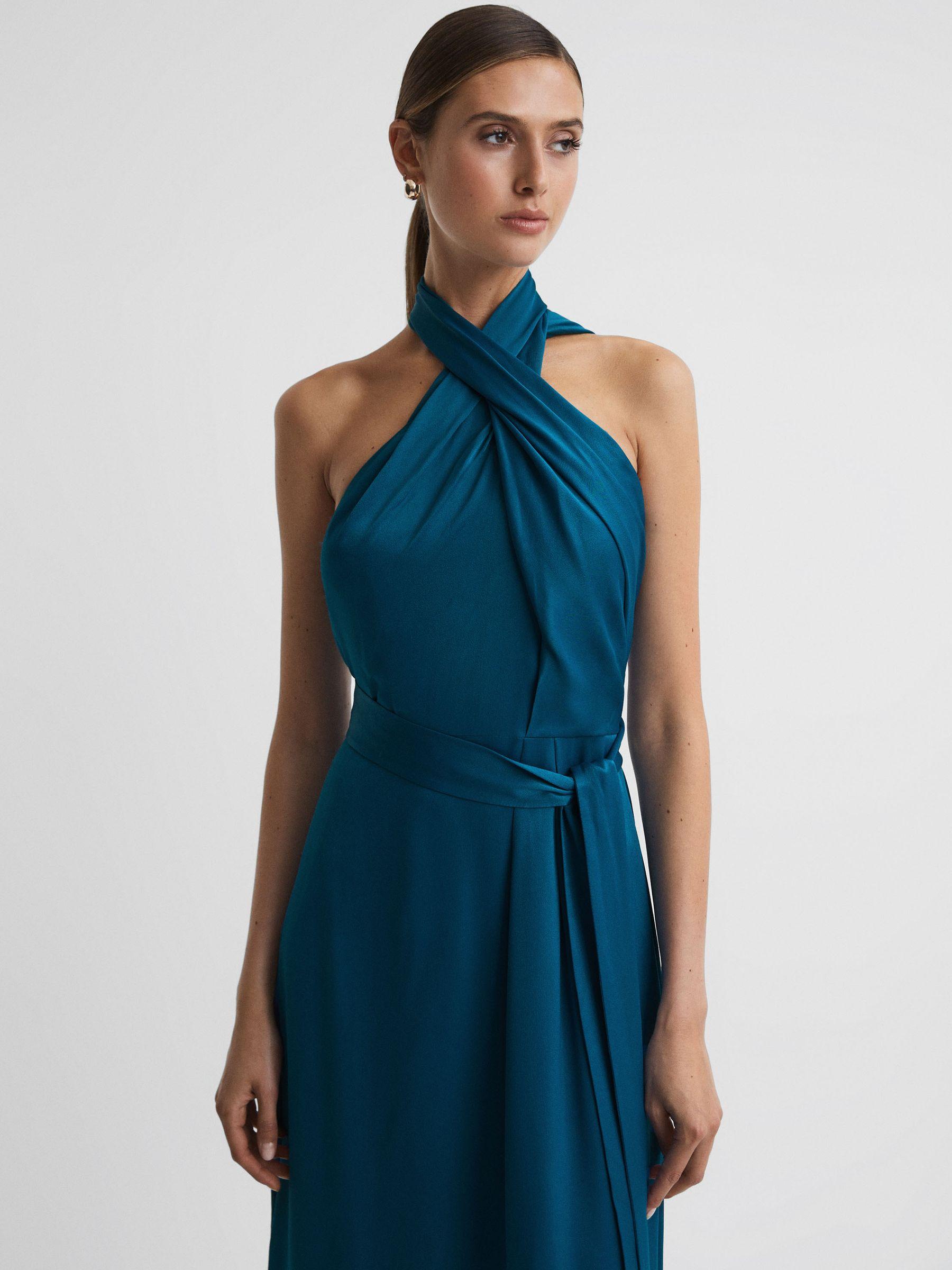 Reiss Satin Halter Neck Fitted Midi Dress in Blue | Lyst UK