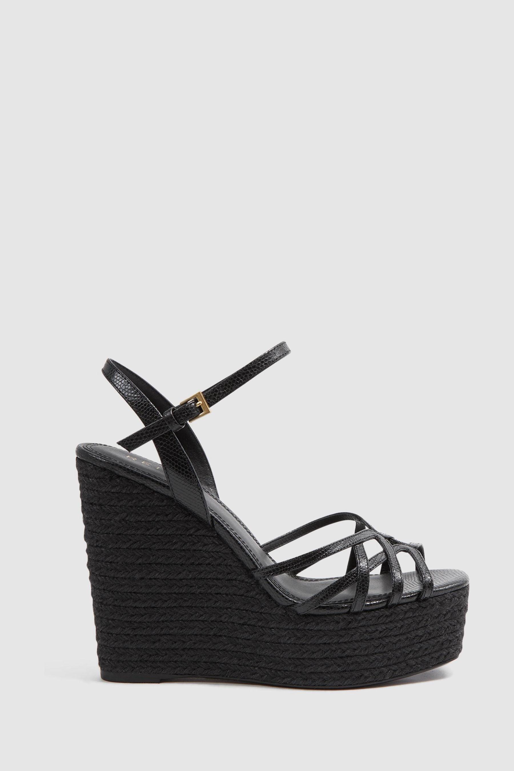 Reiss Elle Black Elle Leather Raffia Platform Wedge Heels Lyst UK