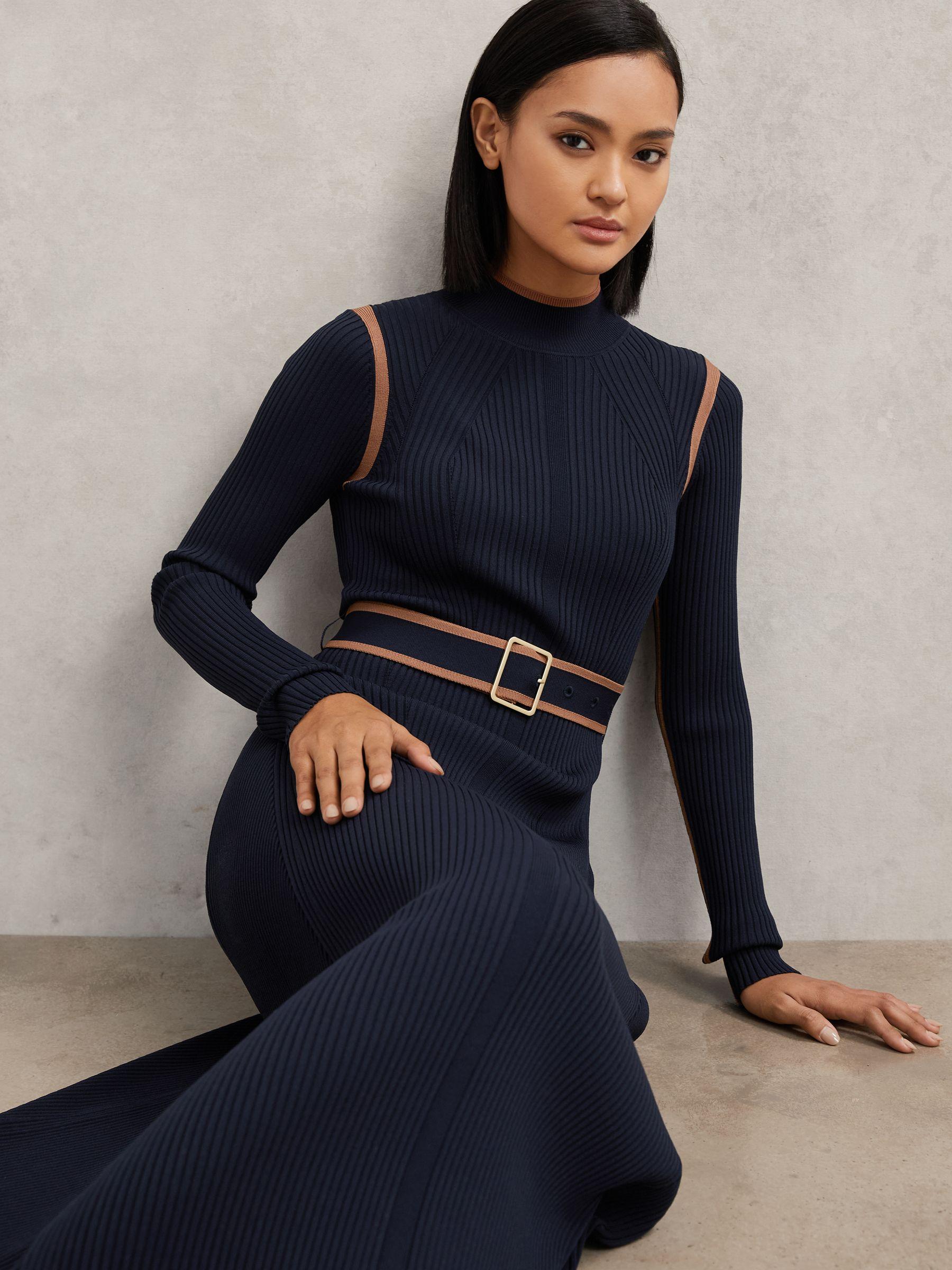 Reiss Camel Colour-Block Rib-Knit Midi Dress in Blue | Lyst UK