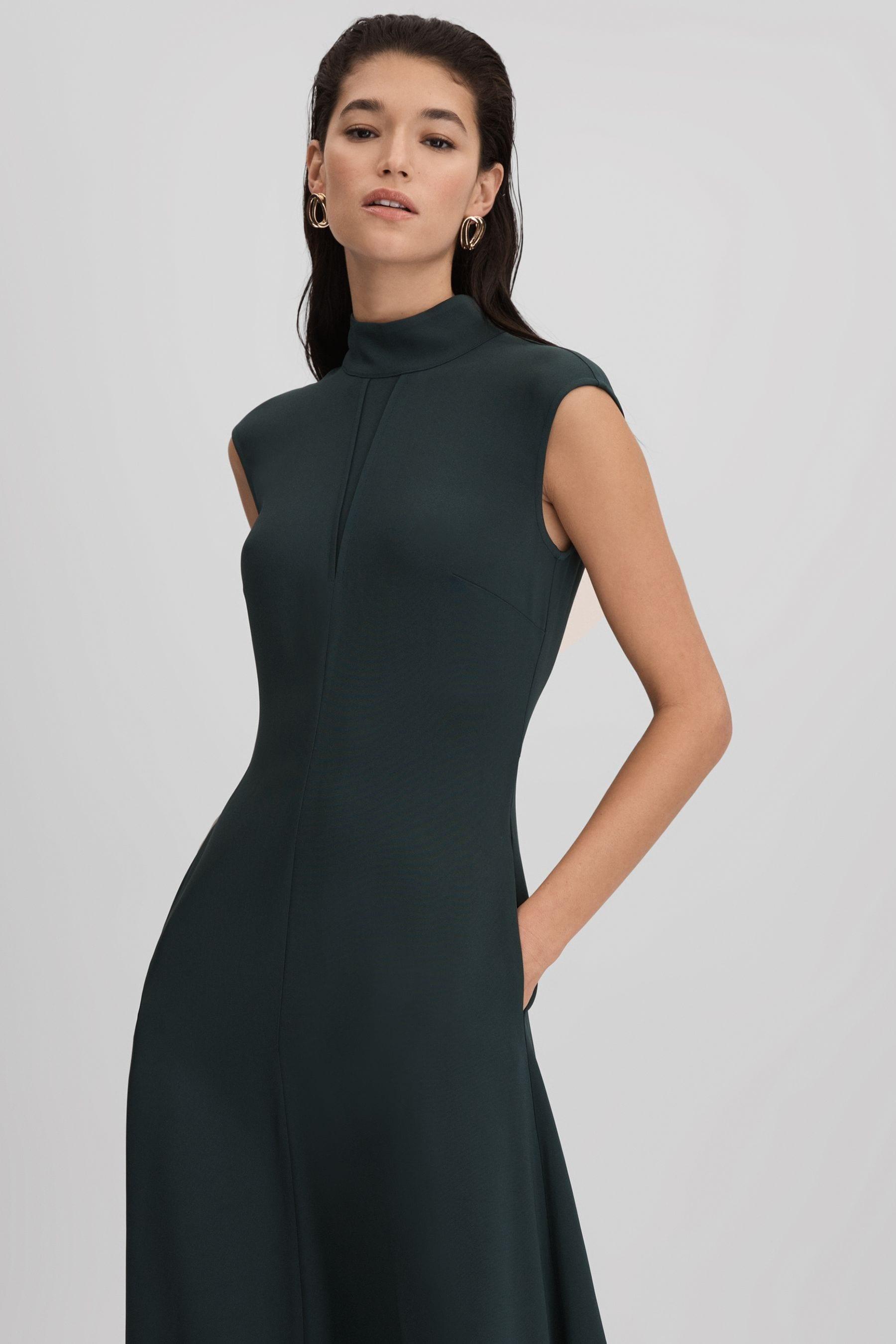 Reiss Green Giana High Neck Draped Midi Dress