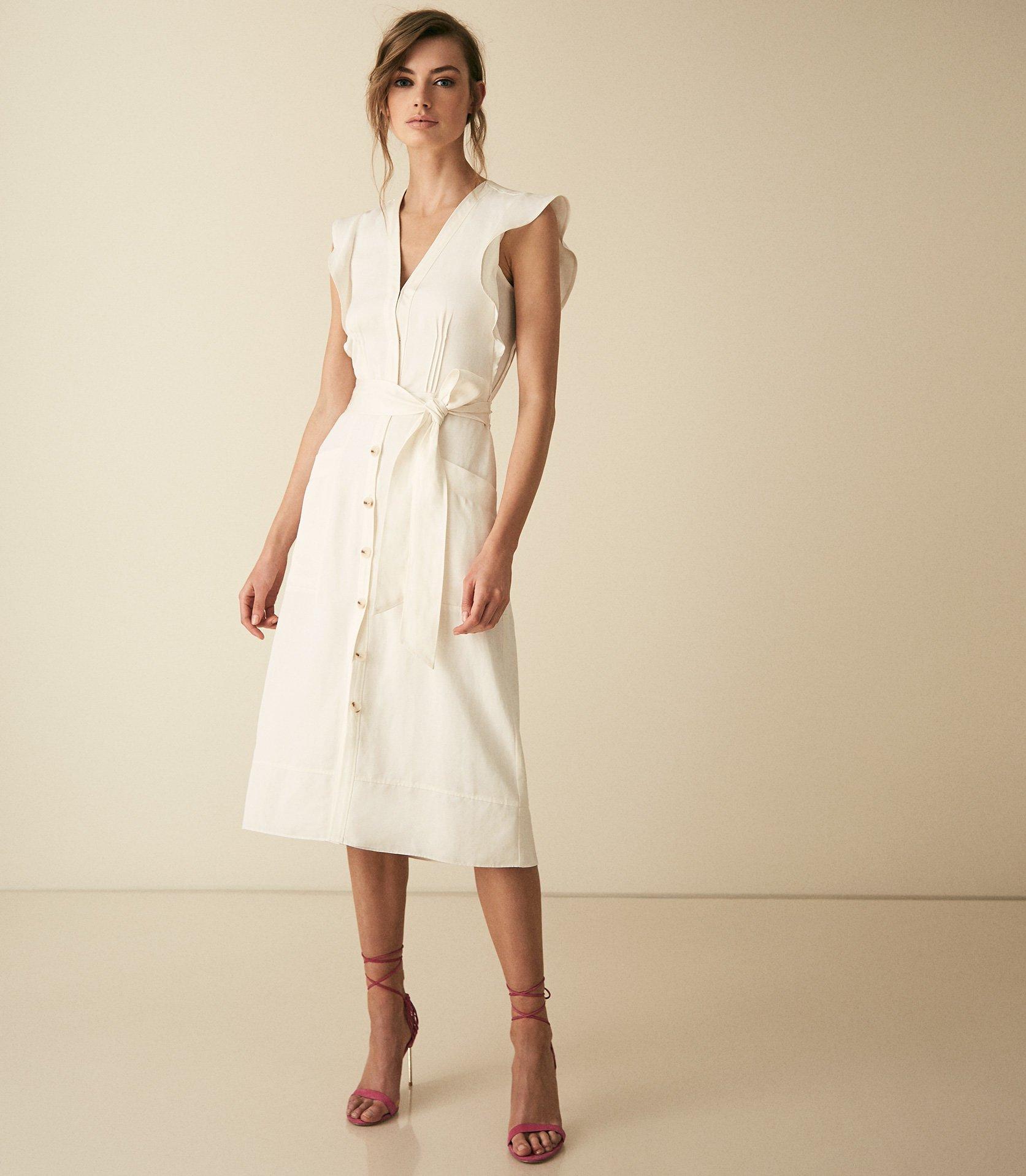 white linen button through dress