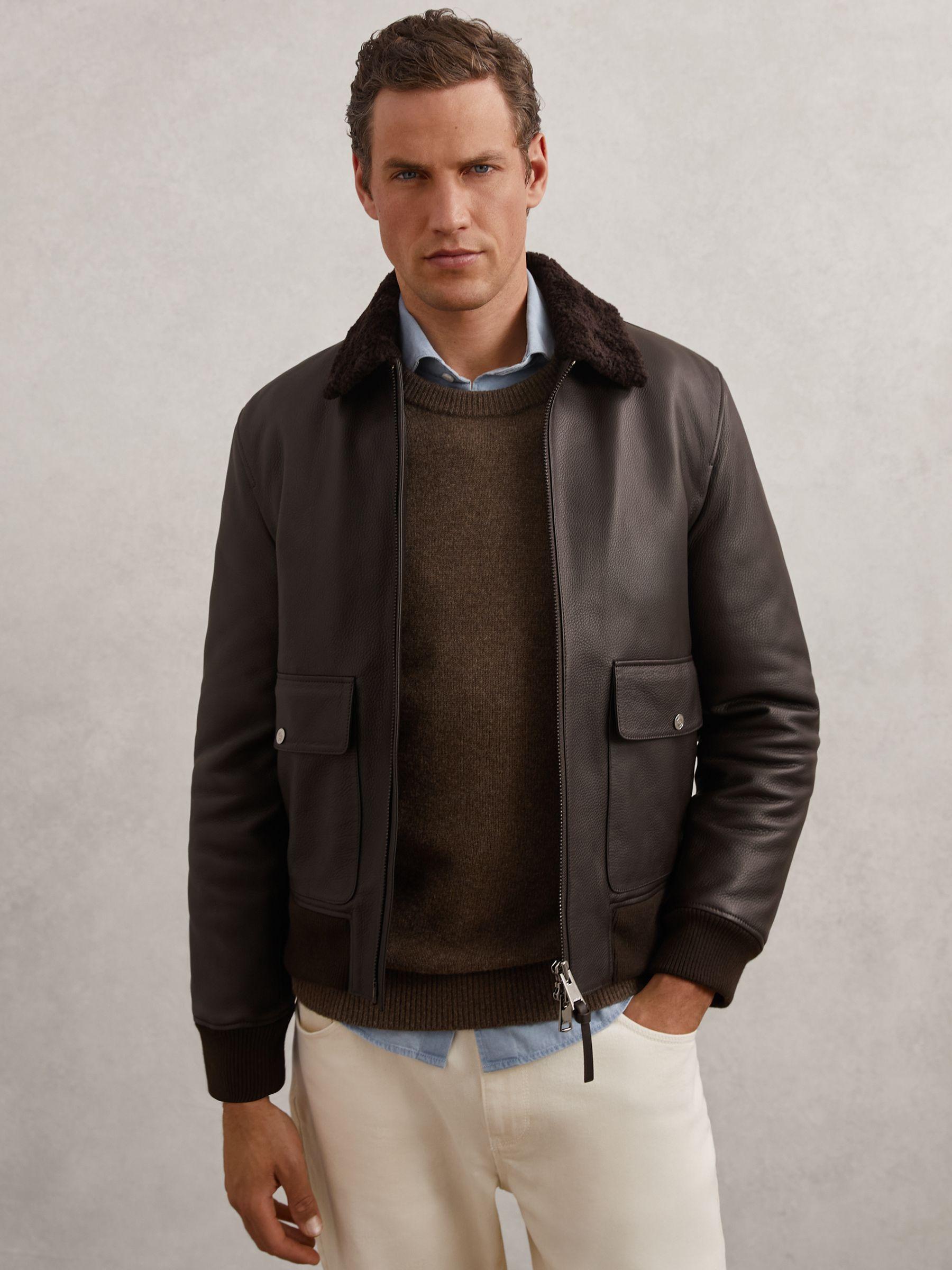 Reiss Leather Shearling-Collar Bomber Jacket in Brown for Men