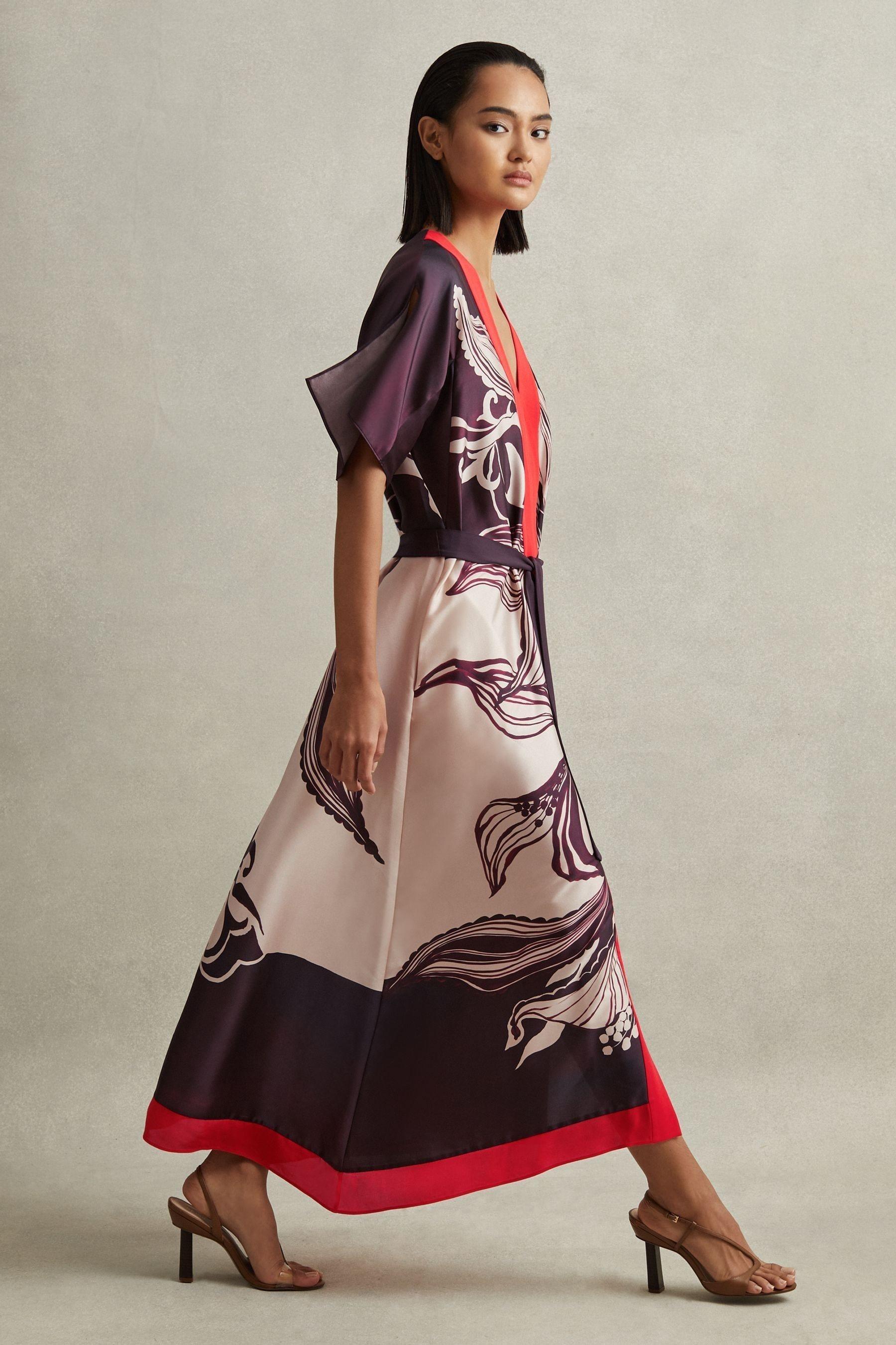 Reiss Hanna Printed Front Split Midi Dress, Cream Burgundy in