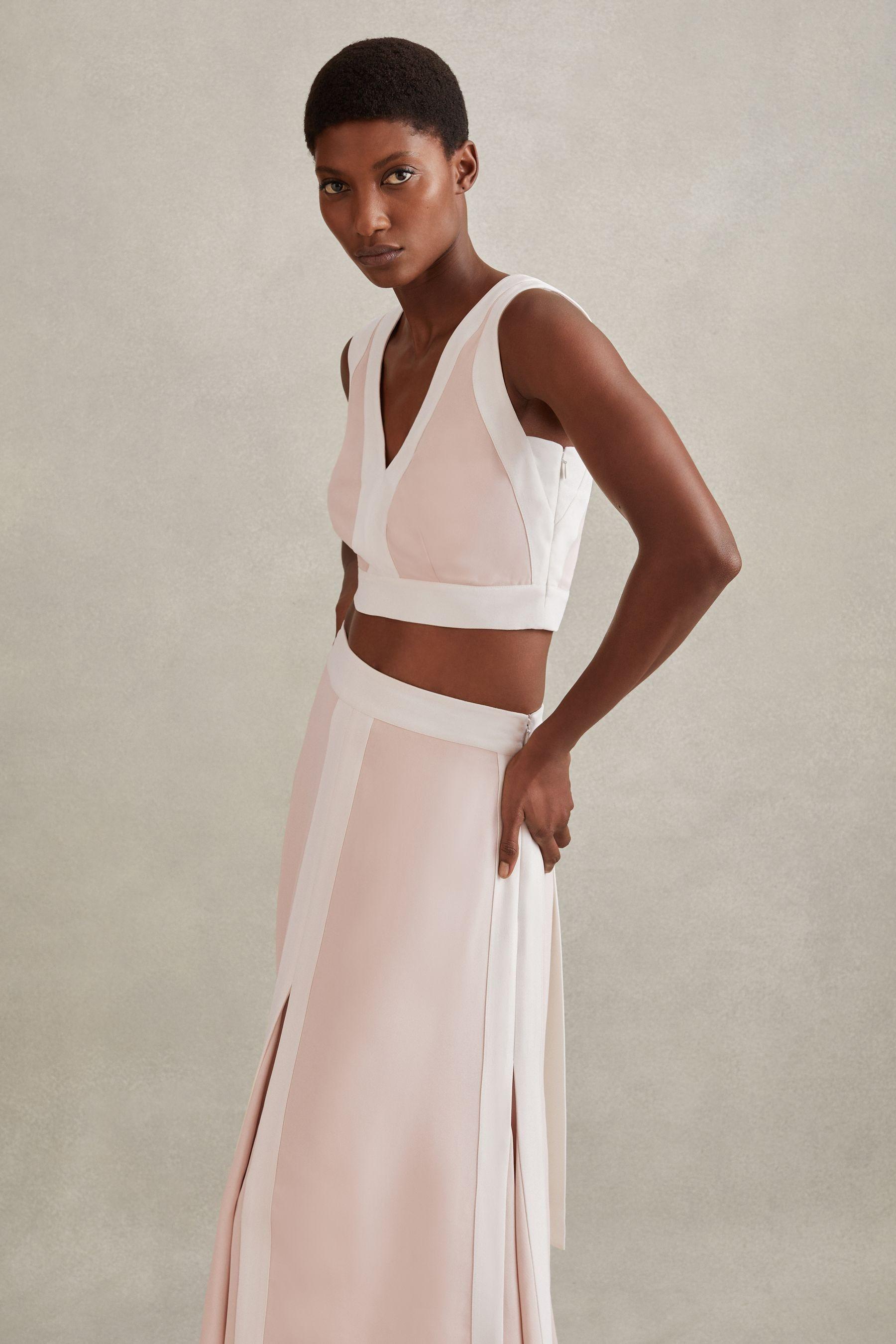 Reiss Cream & Contrast Trim Midi Skirt | Lyst