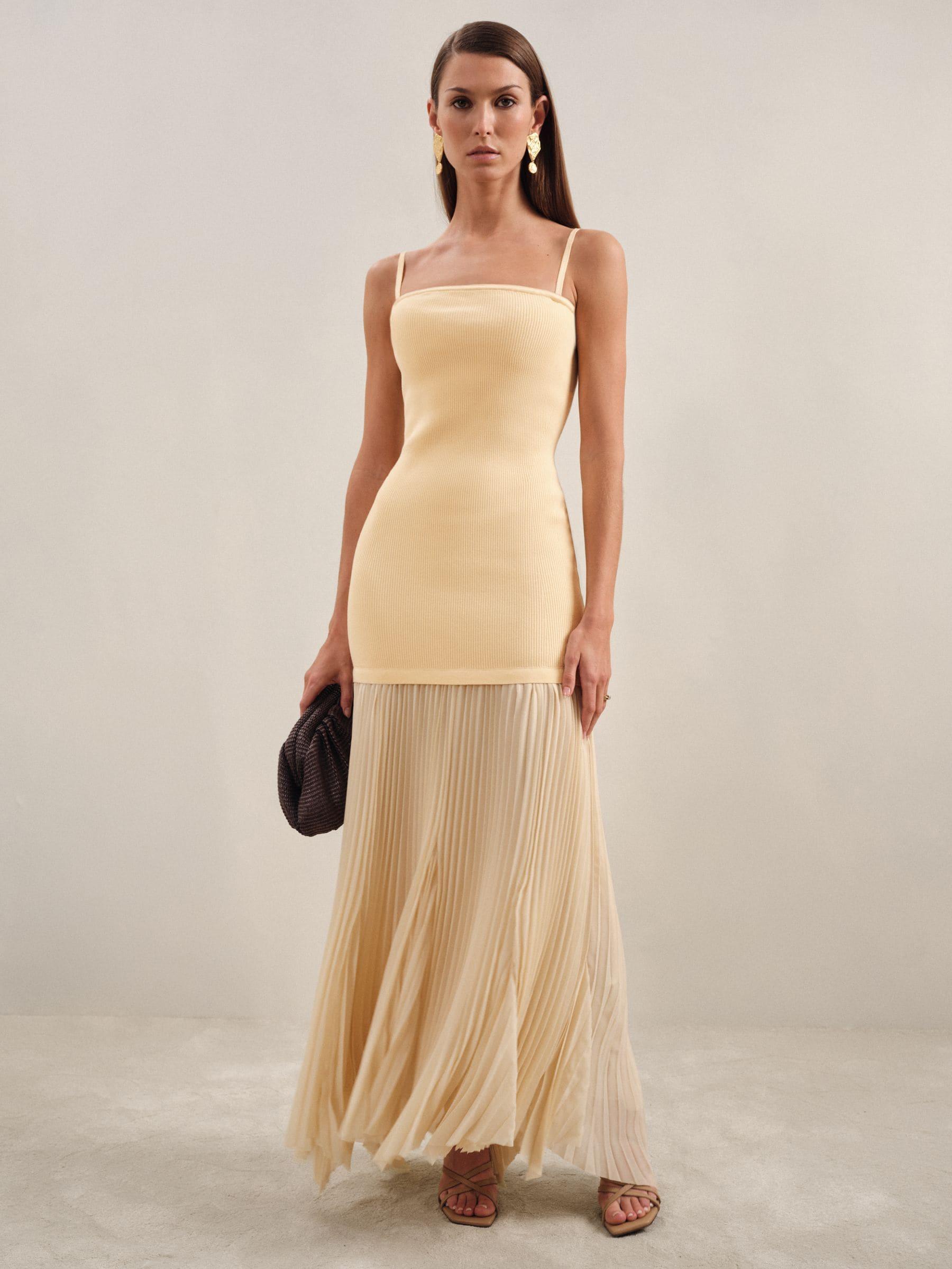 【海外限定】REISSドレス☆Milana Pleated Skirt Ribbed Midi Dr Reiss Milana - Yellow Pleated Skirt Ribbed Midi Dress, Us 14