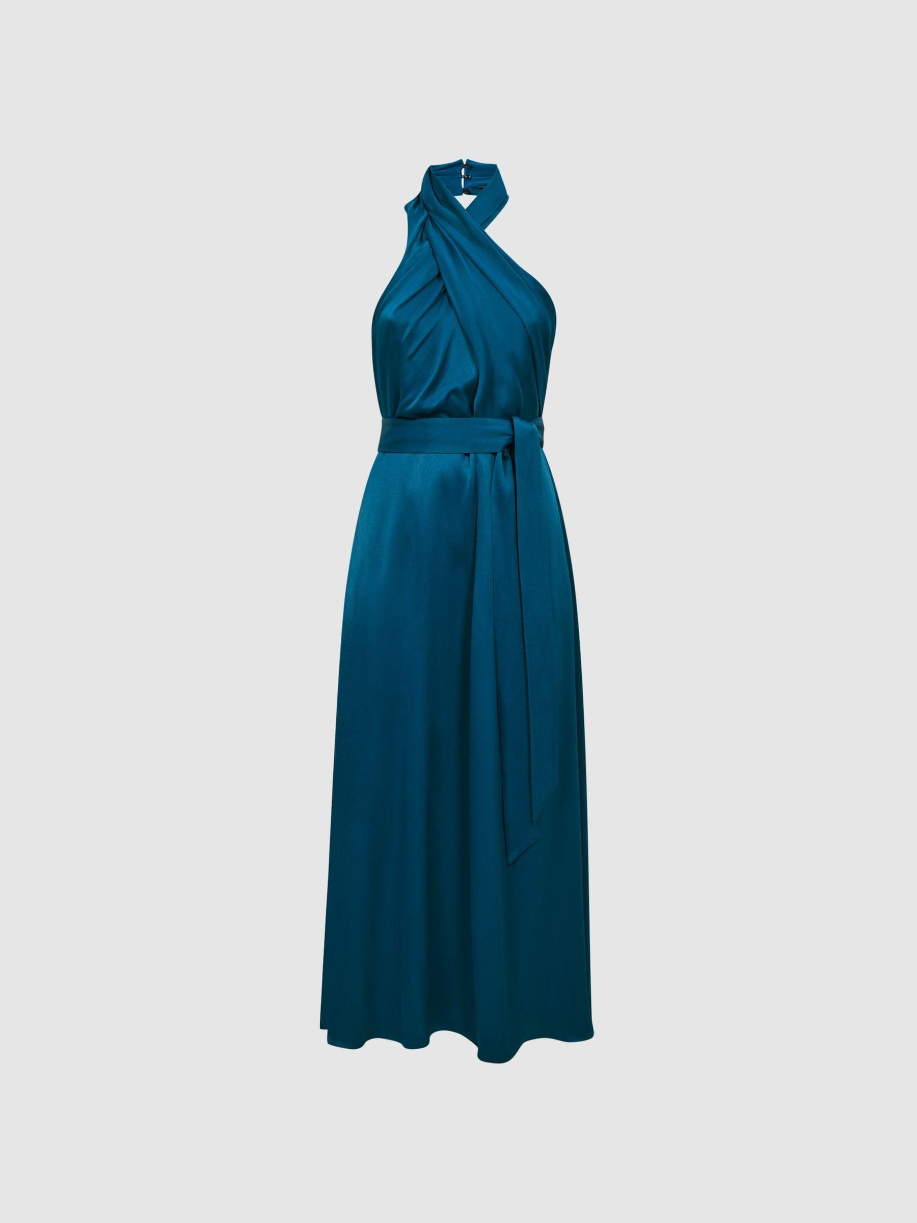 reiss blue satin dress Reiss Petite Satin Drape Tuck Midi Dress in Blue