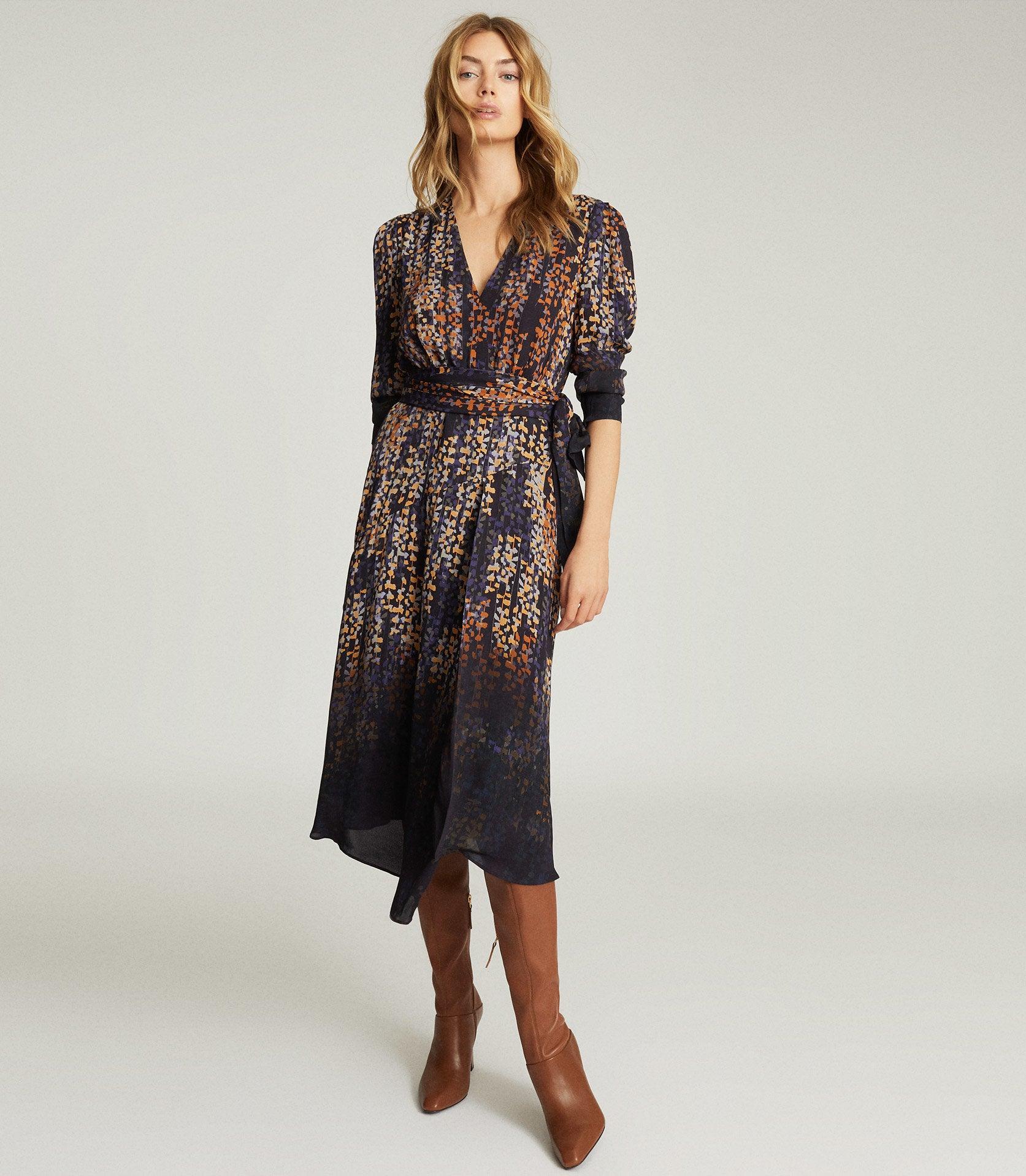 Reiss Synthetic Esther - Printed Wrap Front Dress in Blue Print (Blue) |  Lyst