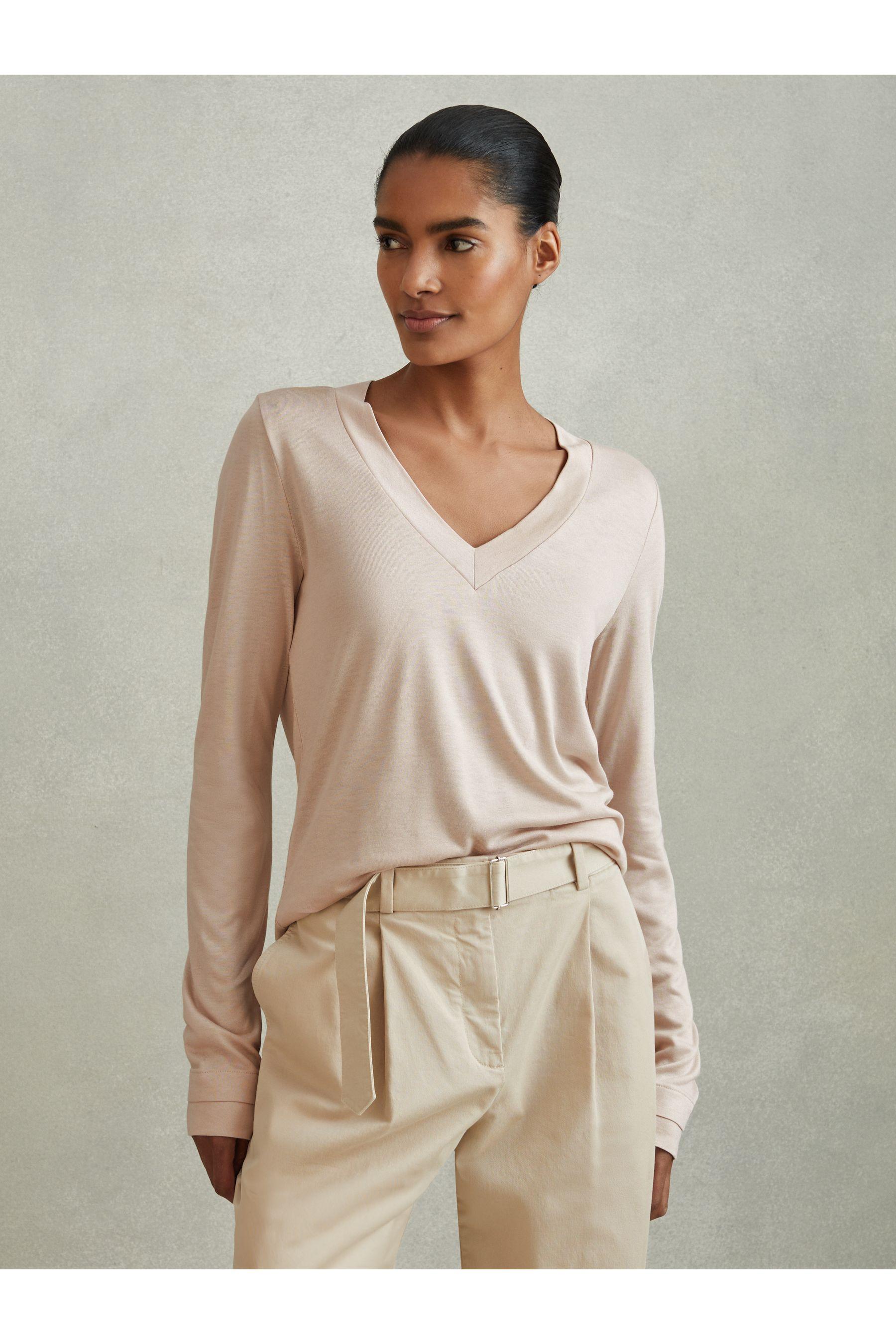 Reiss Brady - Stone Jersey V-neck Top in Natural