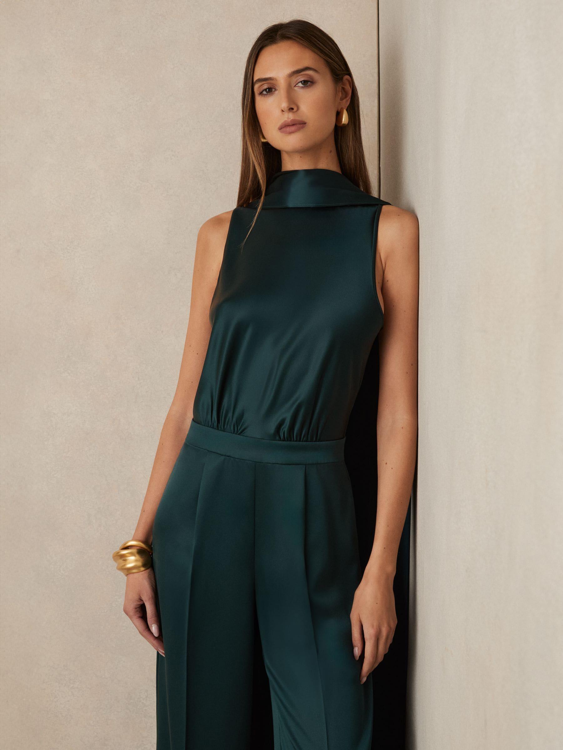 【海外限定】REISSジャンプスーツ☆Farah Satin Cape Sash Jumps Buy Reiss Teal Green Farah Satin Cape-Sash Jumpsuit from